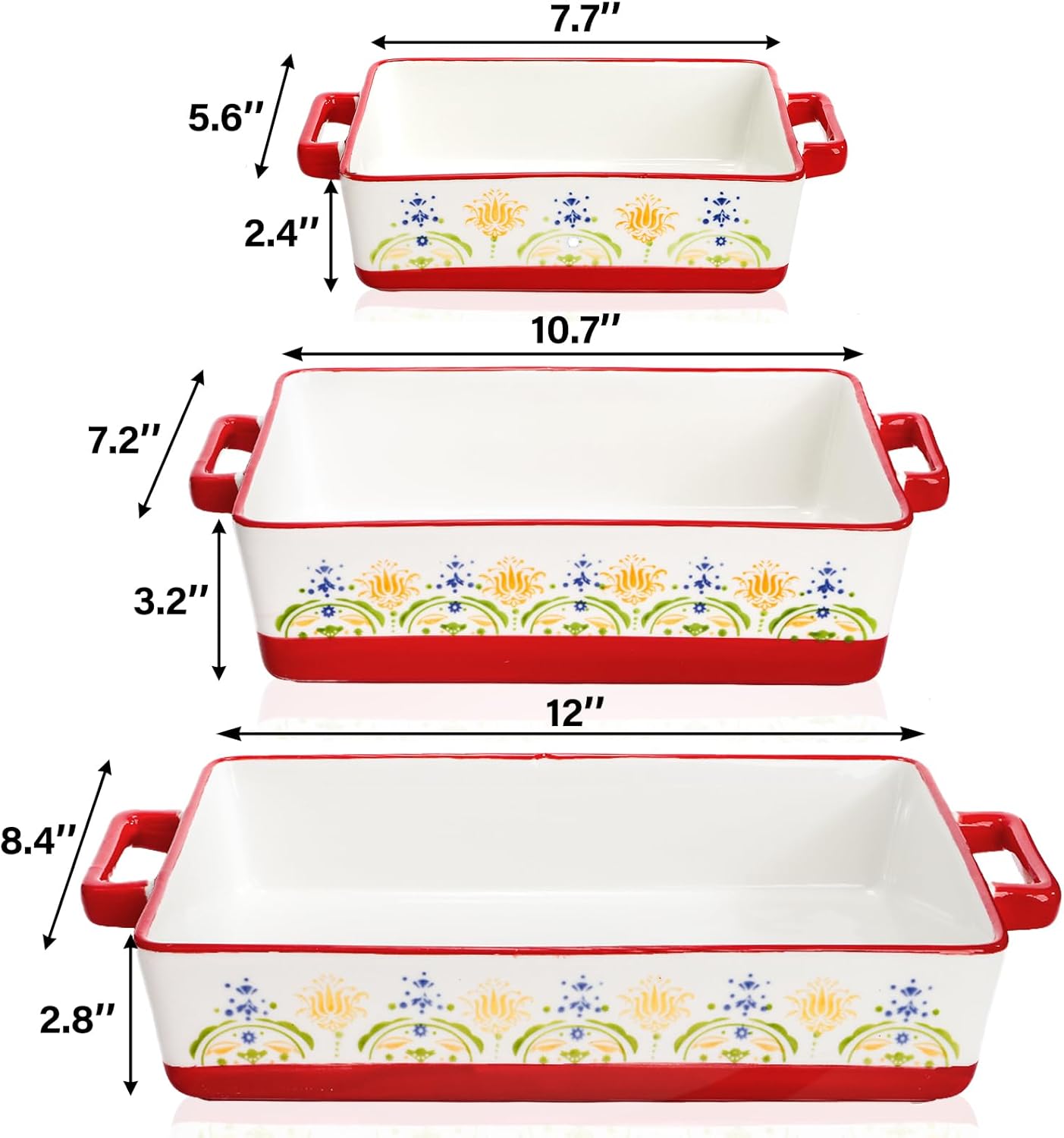 Set of 3 Ceramic Baking Dishes, Rectangular Casserole Dish for Oven, Ceramic Bakeware Lasagna Pan Deep with Handles for Cooking, Baking, Wedding Gift, 3 Sizes (12''/10.7''/7.7''), Red