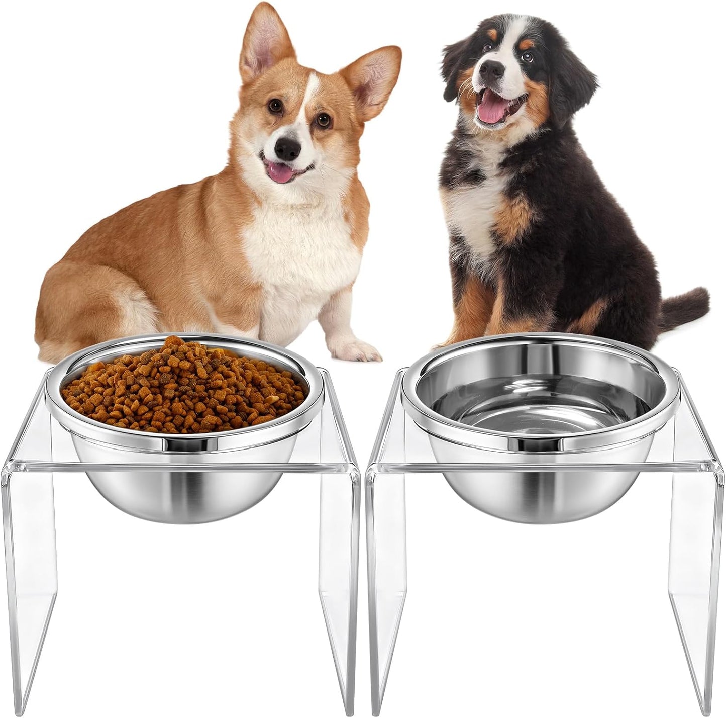 2 Set Acrylic Elevated Dog Bowls Stand 6.3" Tall Pet Acrylic Feeder Come with 2 Removable Stainless Steel Bowls for Large Dogs, Raised Durable Dog Bowl Pet Feeding Station