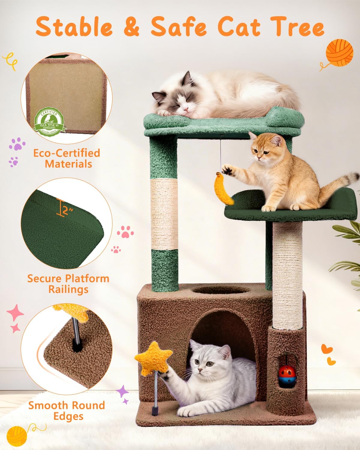 31" Cute Cat Tower for Indoor Kittens with Cat Condo, Plush Platform, Hammock, Sisal Scratching Posts, Dangling Ball, Tall Cat Tree Tower with Self-Grooming Brush (Olive Green)