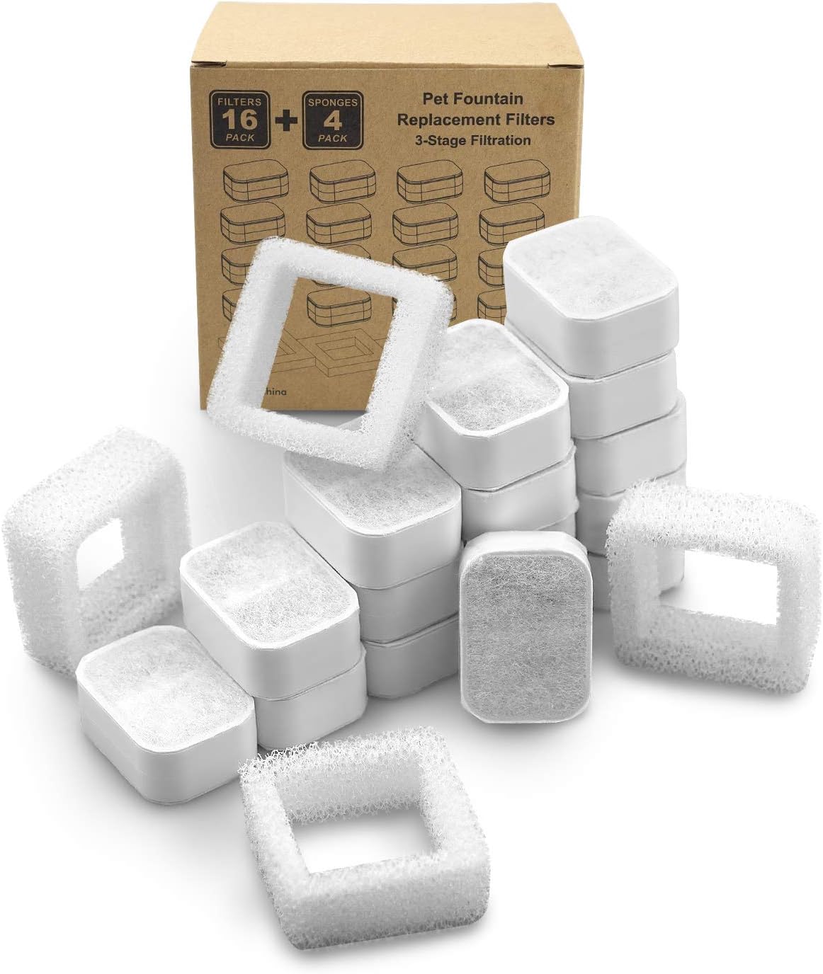 Ceramic Cat Water Fountain Replacement Filters, 16 Pack Pet Fountain Replacement Filters and 4 Pack Foam for Tritone/Fiumi Drinking Fountain