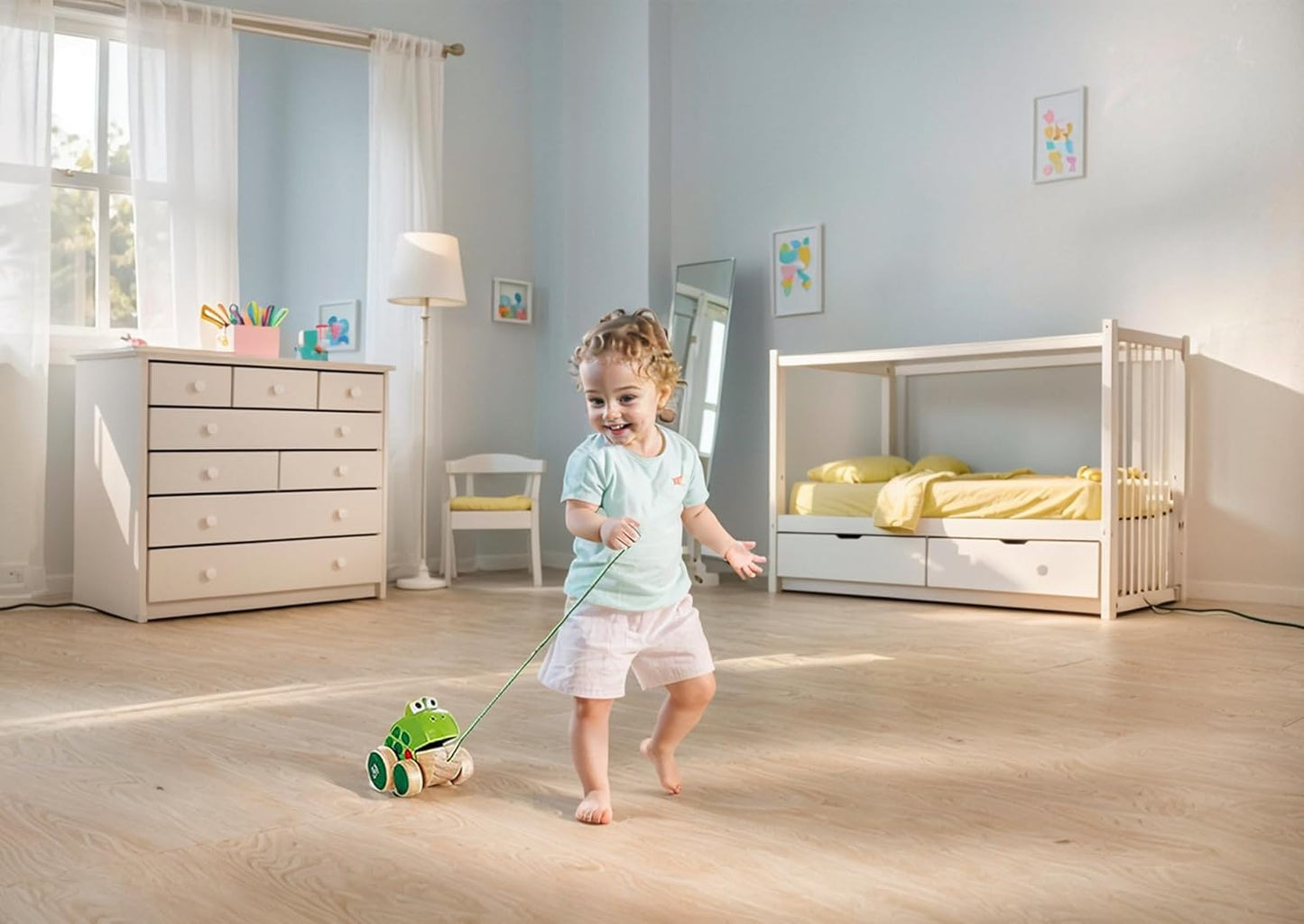 Hape Frog Pull-Along | Wooden Frog Fly Eating Pull Toddler Toy, Bright Colors