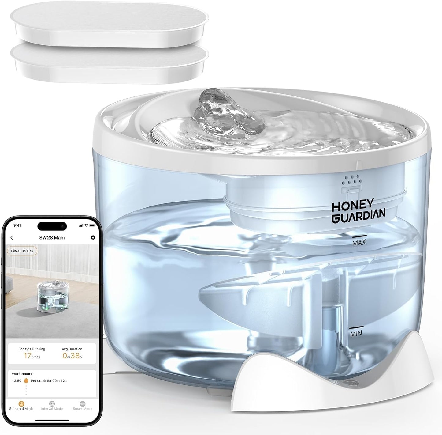 HoneyGuardian Cat Water Fountain,Battery Operated Smart Pet Fountain, Pumpless Cat Water Dispenser, 2.5L/84oz Automatic Water Dispenser for Drinking,5G WiFi
