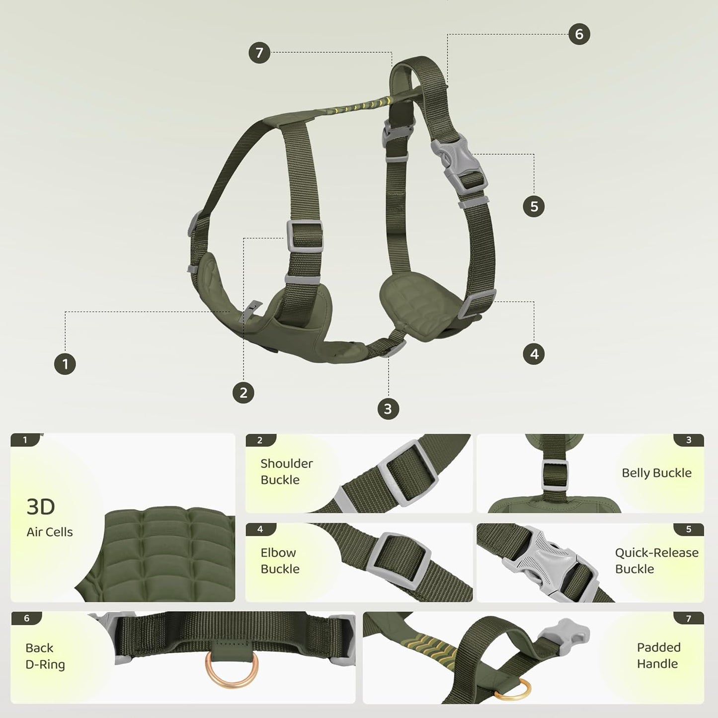 Xlife Dog Harness for Large Dogs - No-Pull Adjustable Vest Harness with 3D Air Cushion, Safety Buckle & No-Chock D Ring, Easy to Put On - Comfortable & Breathable for Easy Walking (Green L)