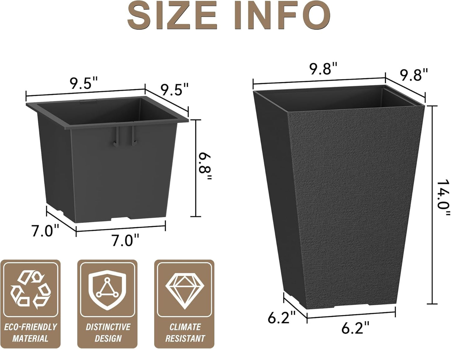 Kante 14 Inch Tall Planter Set of 2, Large Taper Planter for Outdoor Indoor Garden Patio Front Door (Black)
