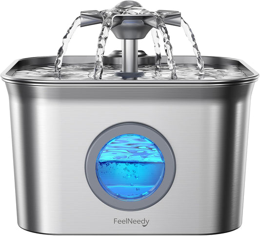 Stainless Steel Cat Water Fountain, 99oz/2.8L Auto Pet Drinking Fountain with 20dB Ultra-Quiet Pump- Ideal for Timid Pets, LED Water Level Window, Dishwasher Safe, 24/7 Circulating Flow - FEELNEEDY