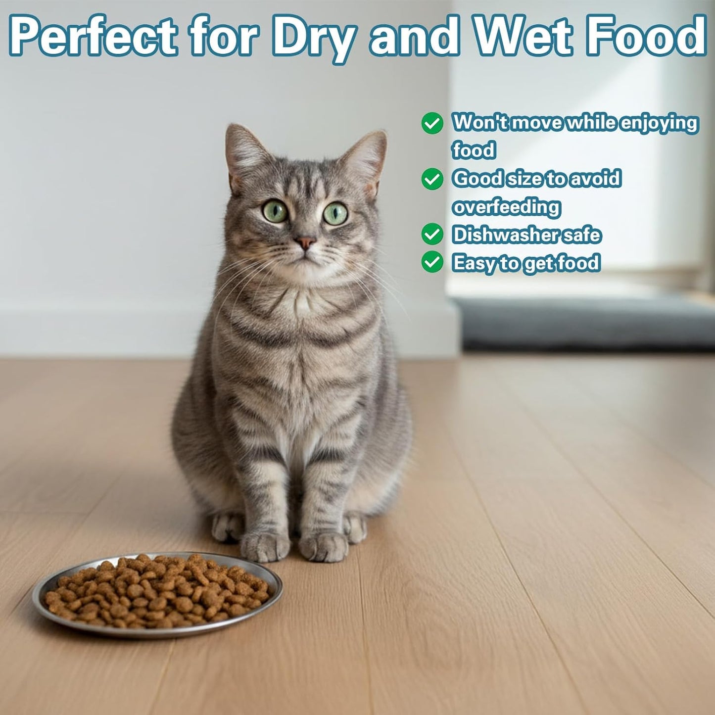 Stainless Steel Cat Bowls Dishes, Flat Metal Shallow Wide Whisker Friendly Cats Food Water Feeding Bowl Plate with Non-Slip Silicone Ring, Indoor Pet Kitten Small Dog Food Tray, Dishwasher Safe(5.5")
