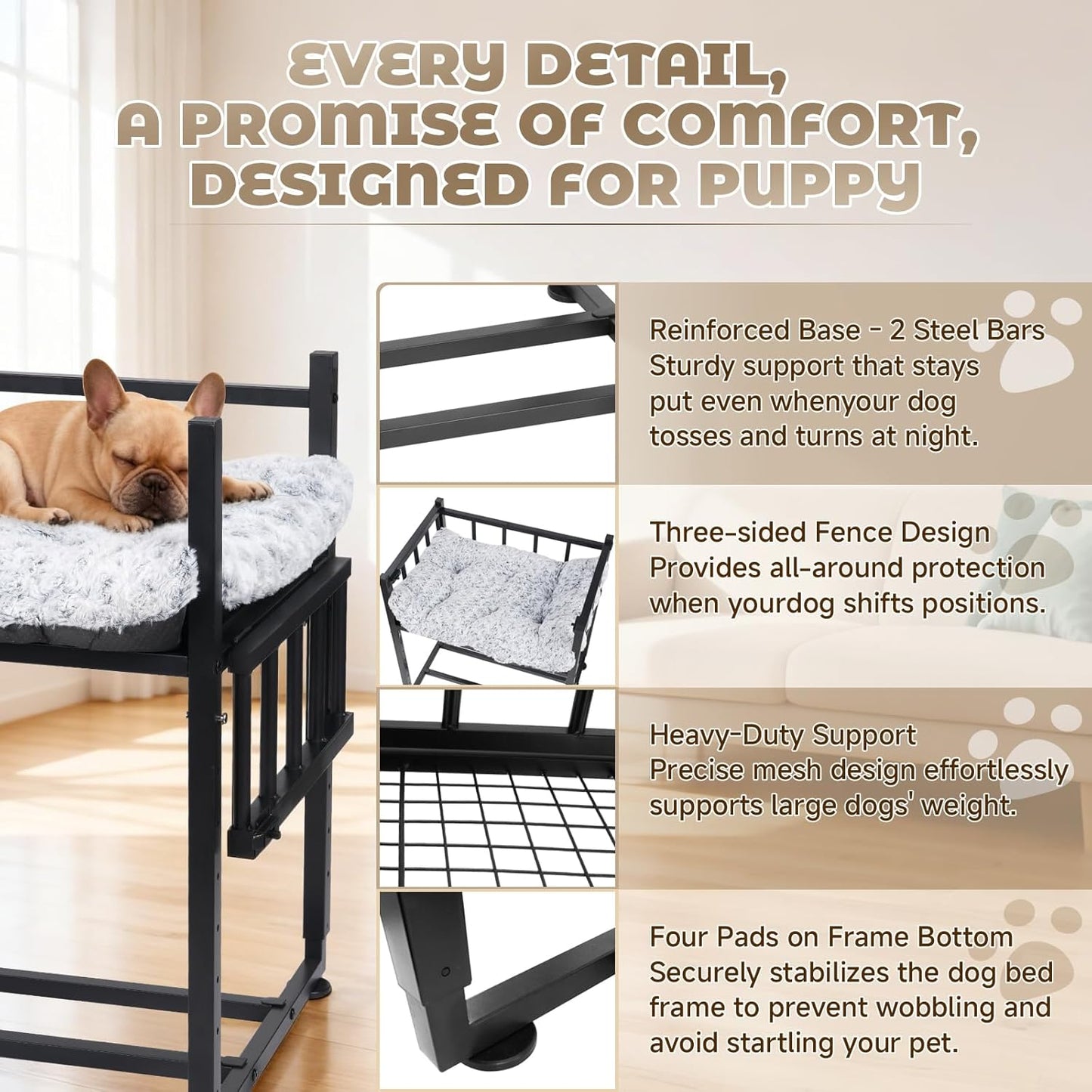Beside Dog Bed and Mattress Set - Metal Three-Sided Fence Pet Dogs Bed Frame, Adjustable Height Dogs Bed Extension Attachment for Human Bed, for Small/Medium Puppy(25.5''L x 17.7''W)