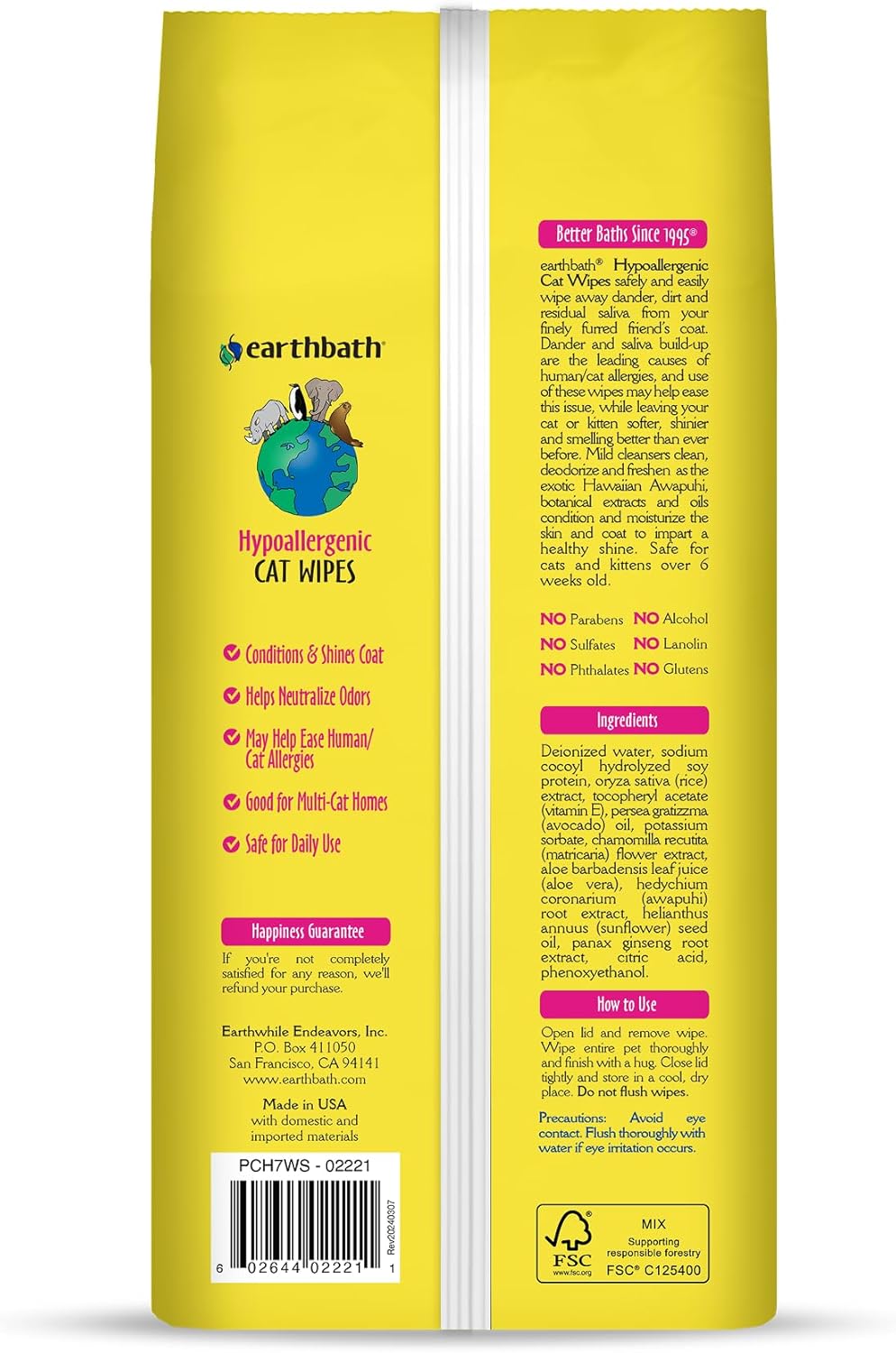 earthbath Hypo-Allergenic Grooming Wipes - Fragrance Free Aloe Vera, Vitamin E, Gentle on Sensitive Skin, Good for Dogs & Cats - Handily Clean Your Pets' Dirty Paws & Undercoat - 100 Count, Pack of 1