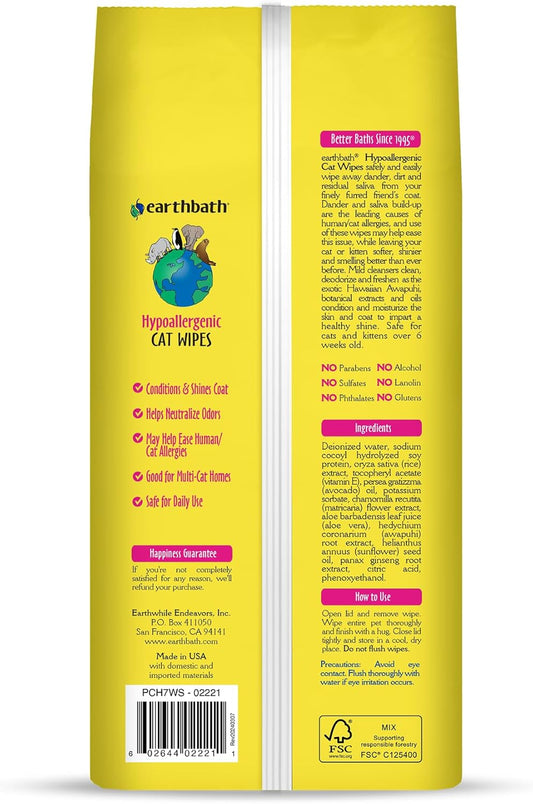 earthbath Hypo-Allergenic Grooming Wipes - Fragrance Free Aloe Vera, Vitamin E, Gentle on Sensitive Skin, Good for Dogs & Cats - Handily Clean Your Pets' Dirty Paws & Undercoat - 100 Count, Pack of 1