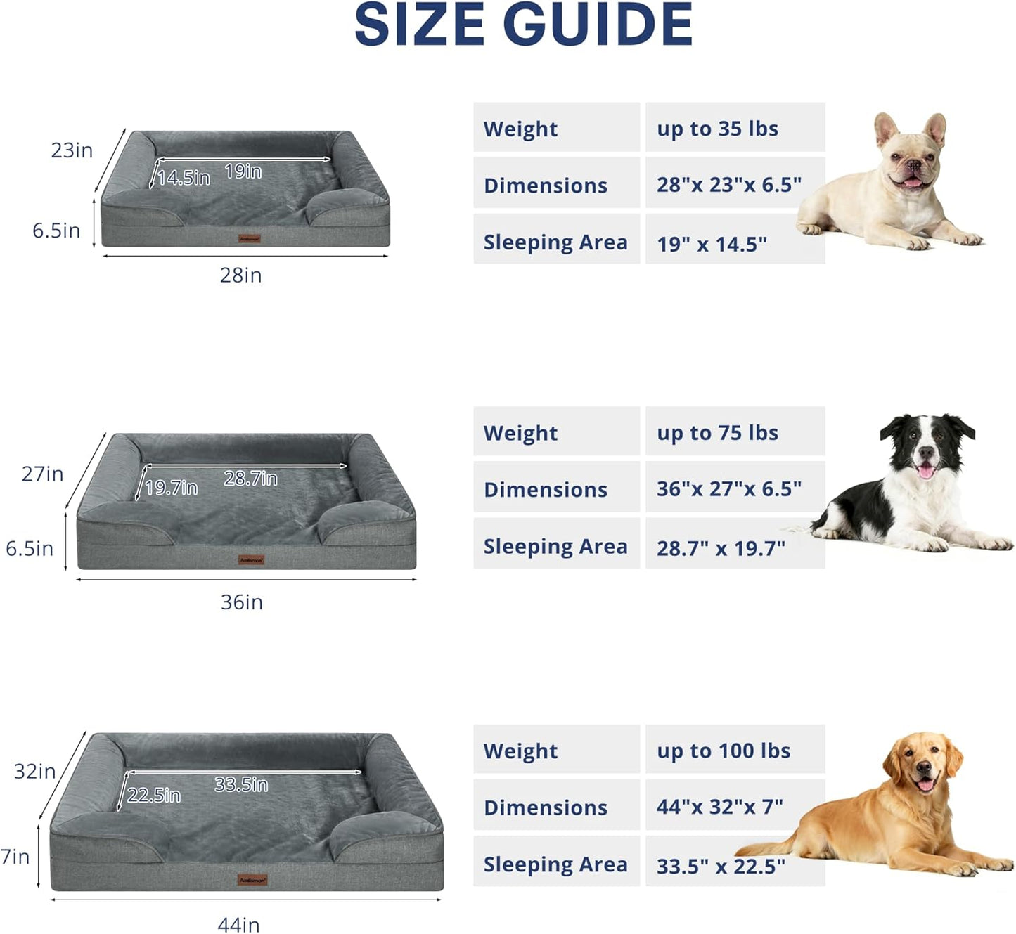 XL Orthopedic Dog Beds for Extra Large Dogs 44x32in, Waterproof Memory Foam Big Size Pet Bed with Sides, Comfort Thick Egg-Crate Foam, Dog Crate Pad & Couch Bed,Washable Cover & Non-Slip Bottom,Grey