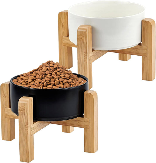 2 Pack 5.9Inch Ceramic Raised Dog Bowl, Raised Dog Bowls with Non-Slip Bamboo Stand Food and Water Bowls Heavy Duty Pet Bowl for Small and Medium Dogs (Black + White)