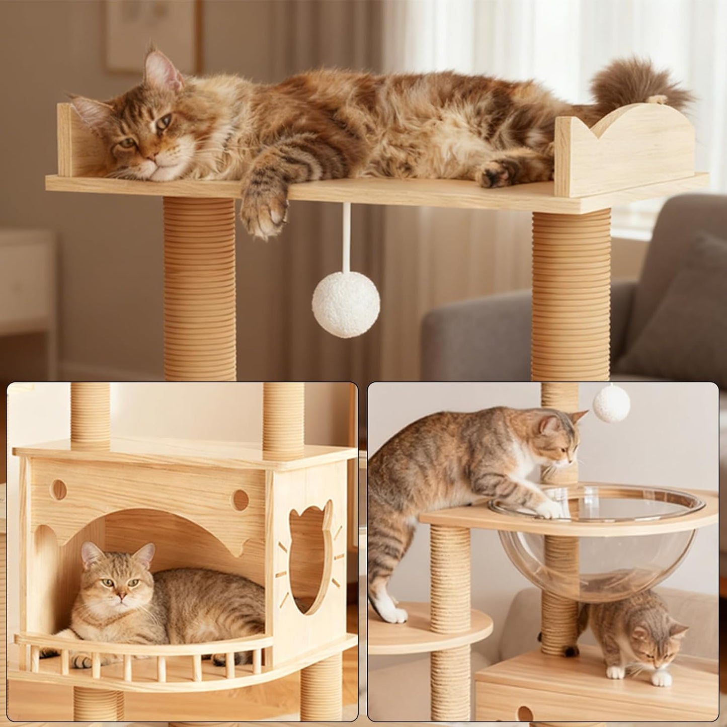 KVIDA Solid Pine Wood Cat Tree for Indoor Cats, 56.7” Tall Modern Cat Tower with Clear Acrylic Hammock & Condo House, Heavy Duty Wooden Cat Tree for Large Cats with Sisal Scratching Posts