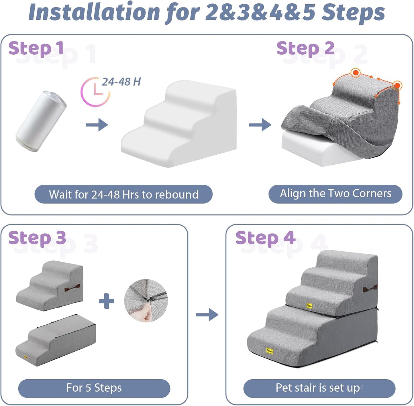 Gimars Extra Wide Sturdy 30D High Density Foam Dog Stairs for Sofa, Pet Stair for Small Medium Dog, Non-Slip, Easy Clean Removable Washable Cover
