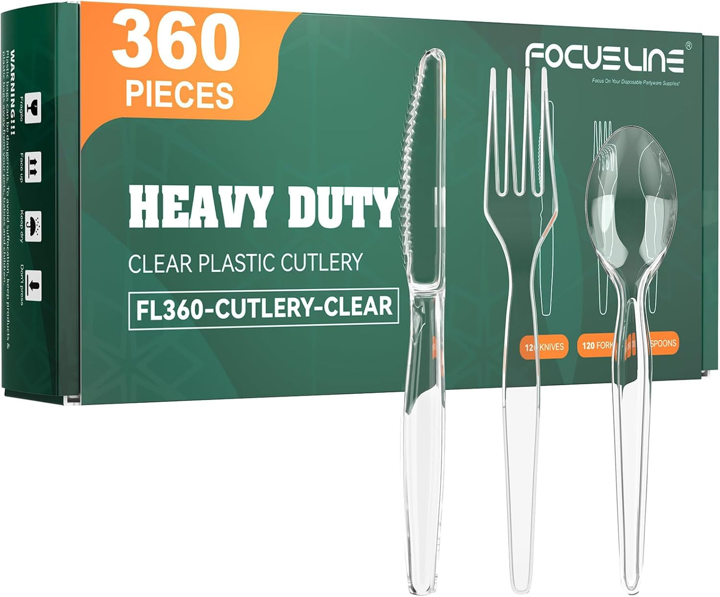 FOCUSLINE 360 Count Clear Plastic Silverware, 120 Forks, Knives and Spoons Each, BPA-Free, Heavy Duty Disposable Cutlery Set, Premium Disposable Flatware Plastic Utensils for Party Everyday Use