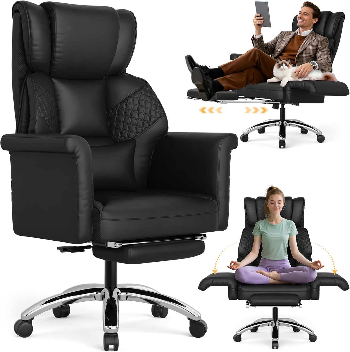 Ergonomic Office Chair with Footrest, Criss Cross Legged Desk Chair with Flip-Up Arm, Wider Thicker Spring Seat, Lumbar Support, Pet-Friendly, Big and Tall High Back Heavy Duty Executive Leather Chair