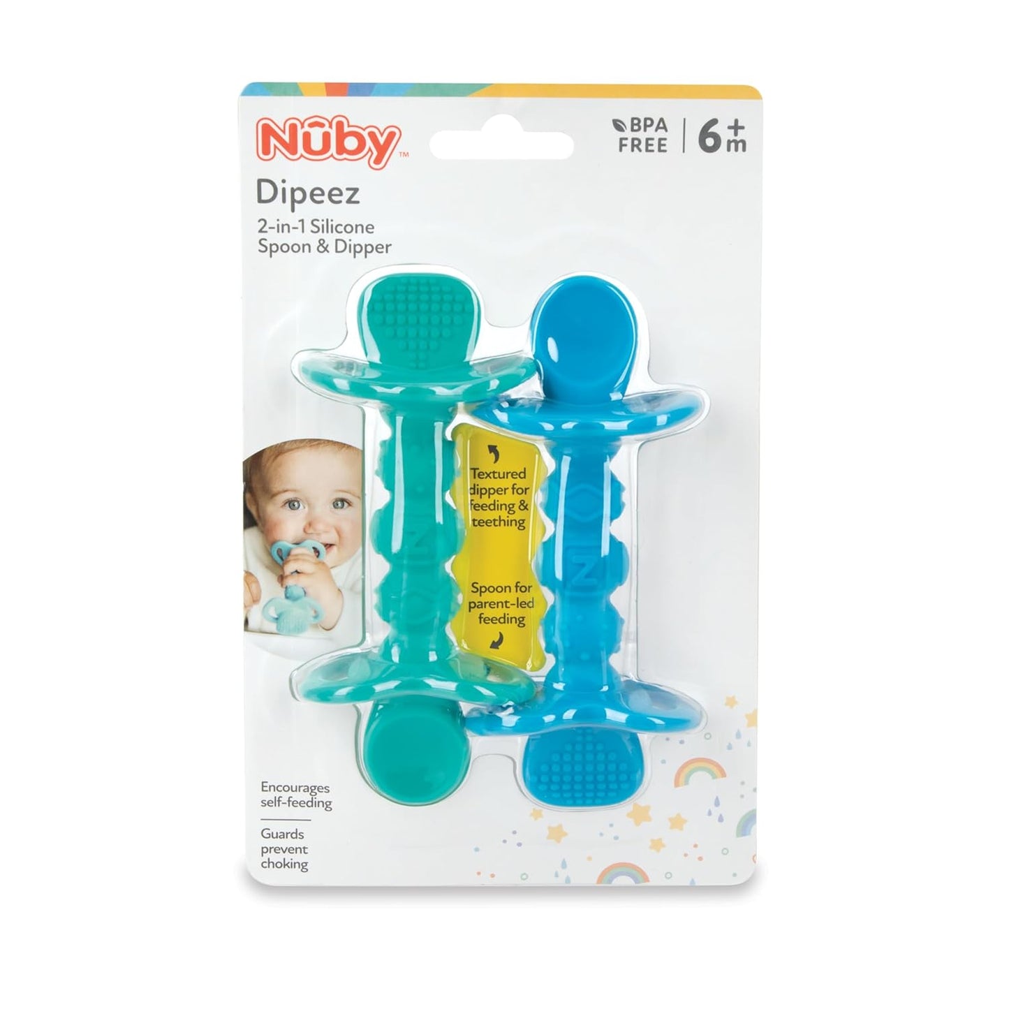 Nuby Dipeez 2 in 1 Silicone Spoons/Dipper, 2pk, Blue/Green