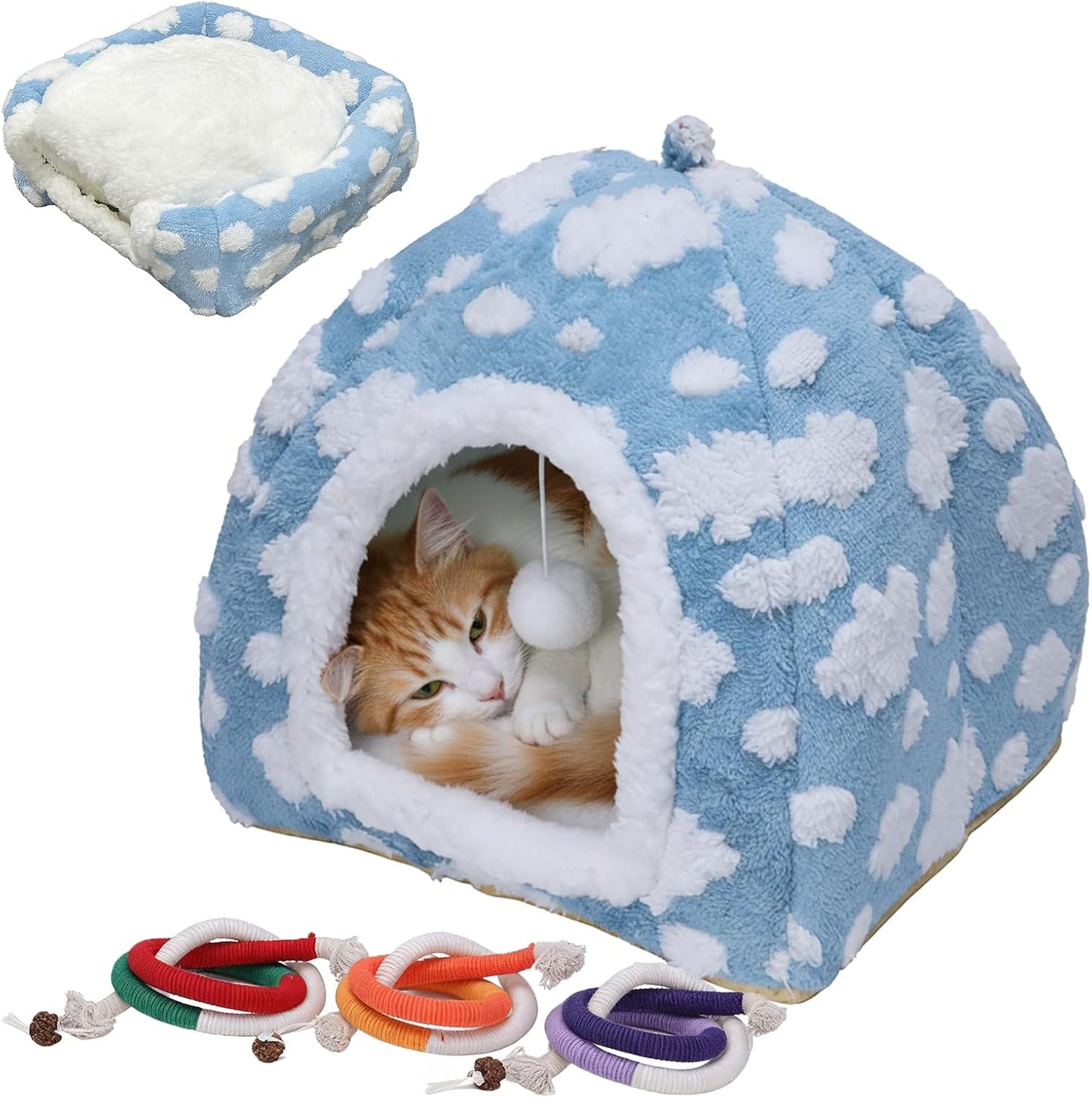 Enclosed Cat Bed Cat Cave for Indoor,Pet Beds Cats House Winter Warm Cozy Tent Washable Small Plush Houses for Soft Kitty Nest Kitten Furniture Removable Cushion Gatos Sleeping Hut