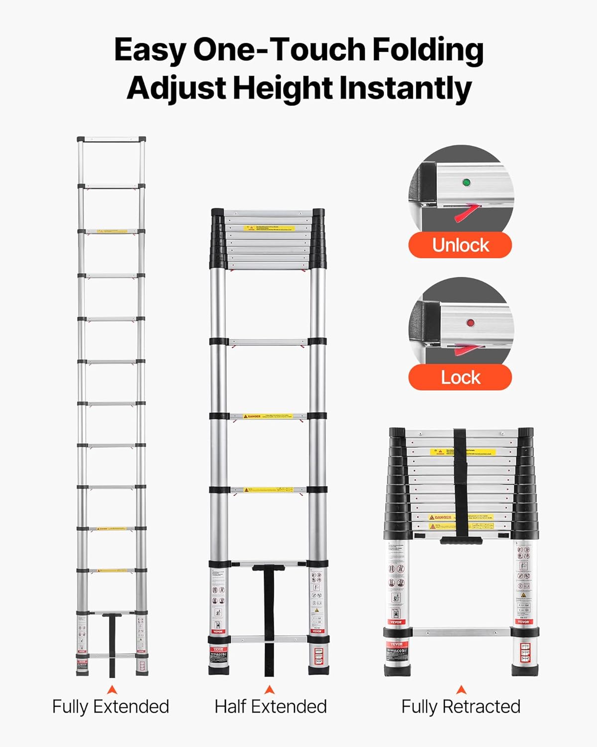VEVOR 12.5ft Telescoping Ladder, Aluminum Lightweight Multi-Purpose Collapsible Extension, One-Touch Retraction Ladder, Heavy Duty 330LBS Max Capacity with Non-Slip Feet, for Home, Outdoor Work, Loft