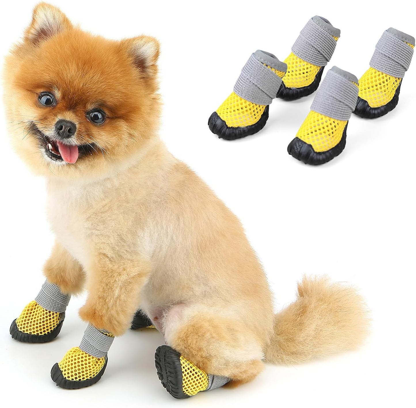 Dog Boots, Small Dog Shoes and Paw Protectors Summer Hot Pavement Anti-Slip Sole and Skid-Proof Mesh Breathable Nonslip Puppy Booties for Hardfloors Walking Running Hiking,Yellow,4#