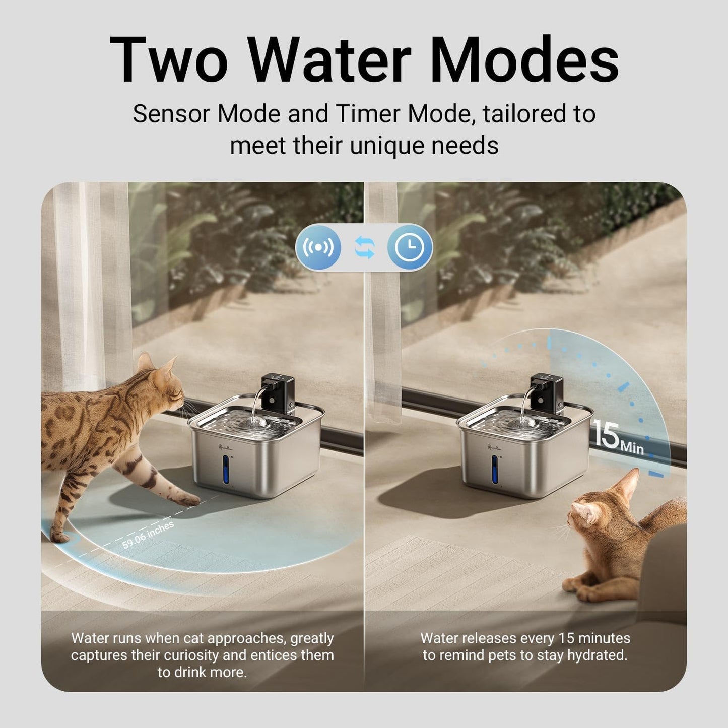 DownyPaws Cat Water Fountain Stainless Steel Wireless, 101 oz/3L FurSink Cordless Water Fountain for Cats, Battery Operated Cat Fountains for Drinking with Motion Sensor, Easy Clean, Metal