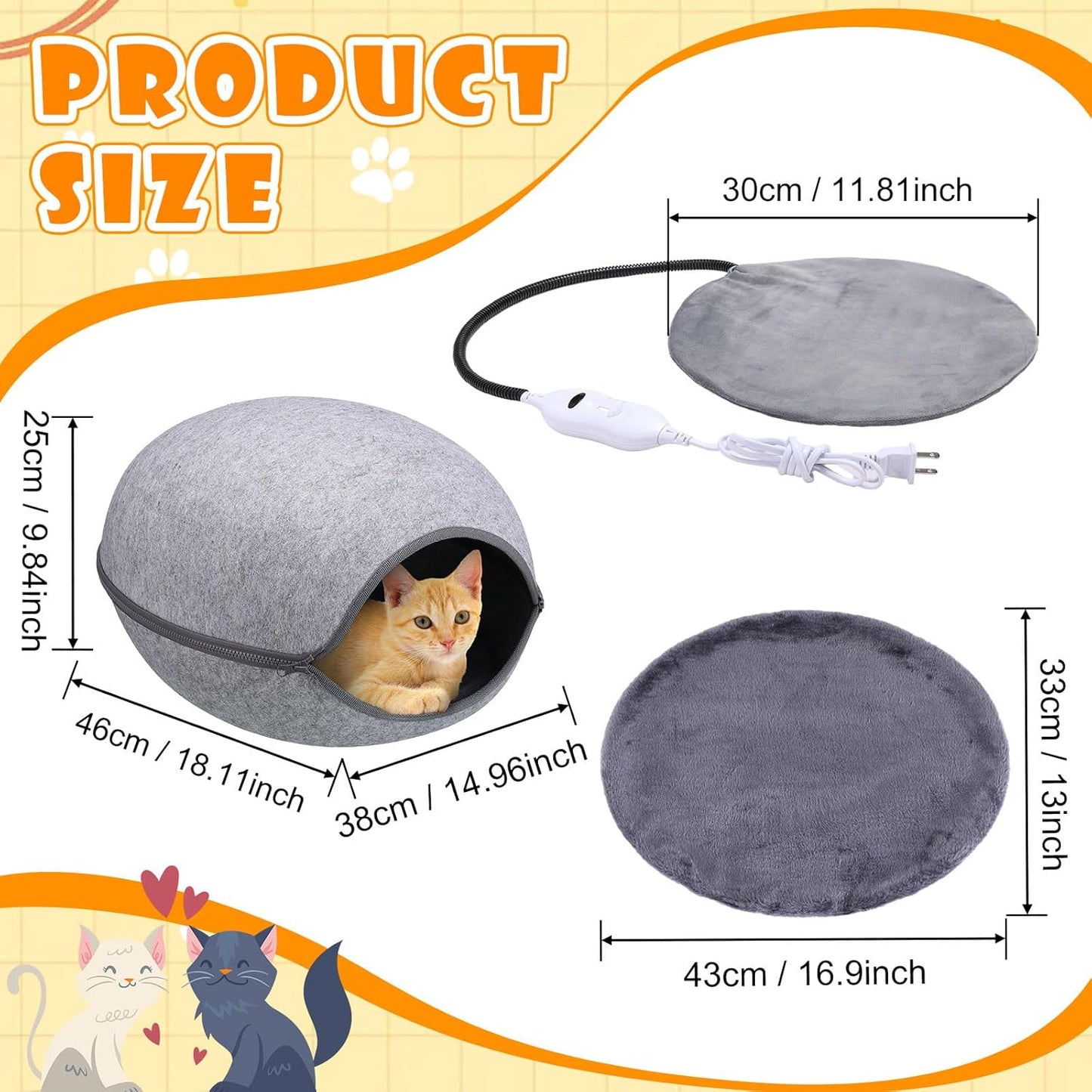 Heated Cat Bed, Indoor Heated Cat Cave, Warmer Thermal Pet Bed with Removable Waterproof Heater for Kitty Small Dogs Gray (18.1 x 15 x 9.8 Inches)