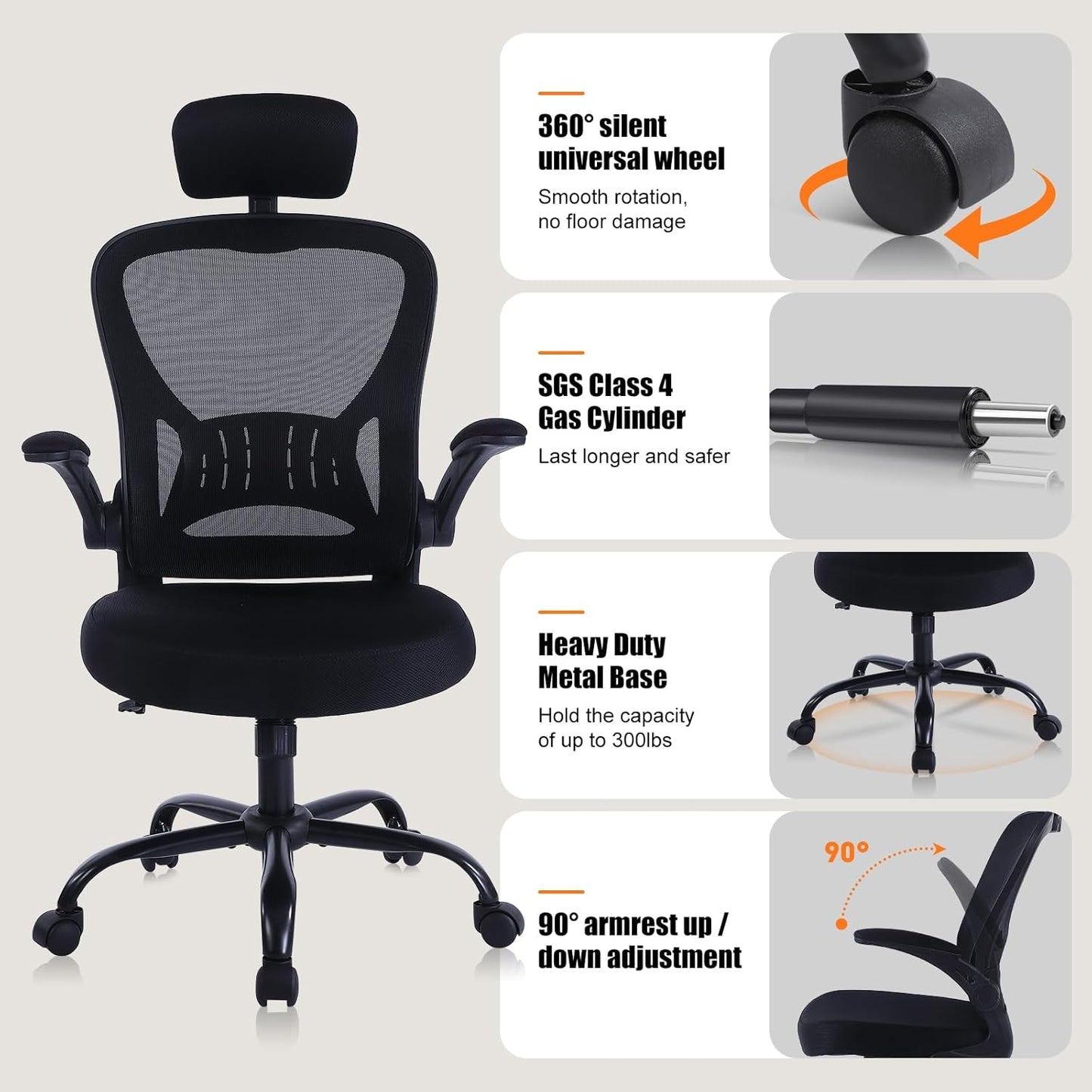 ralex-chair Ergonomic Office Chair with Adjustable Headrest & Lumbar Support, Computer Desk Chair with Flip-Up Armrests, Comfortable for Home, Office, Conference Room