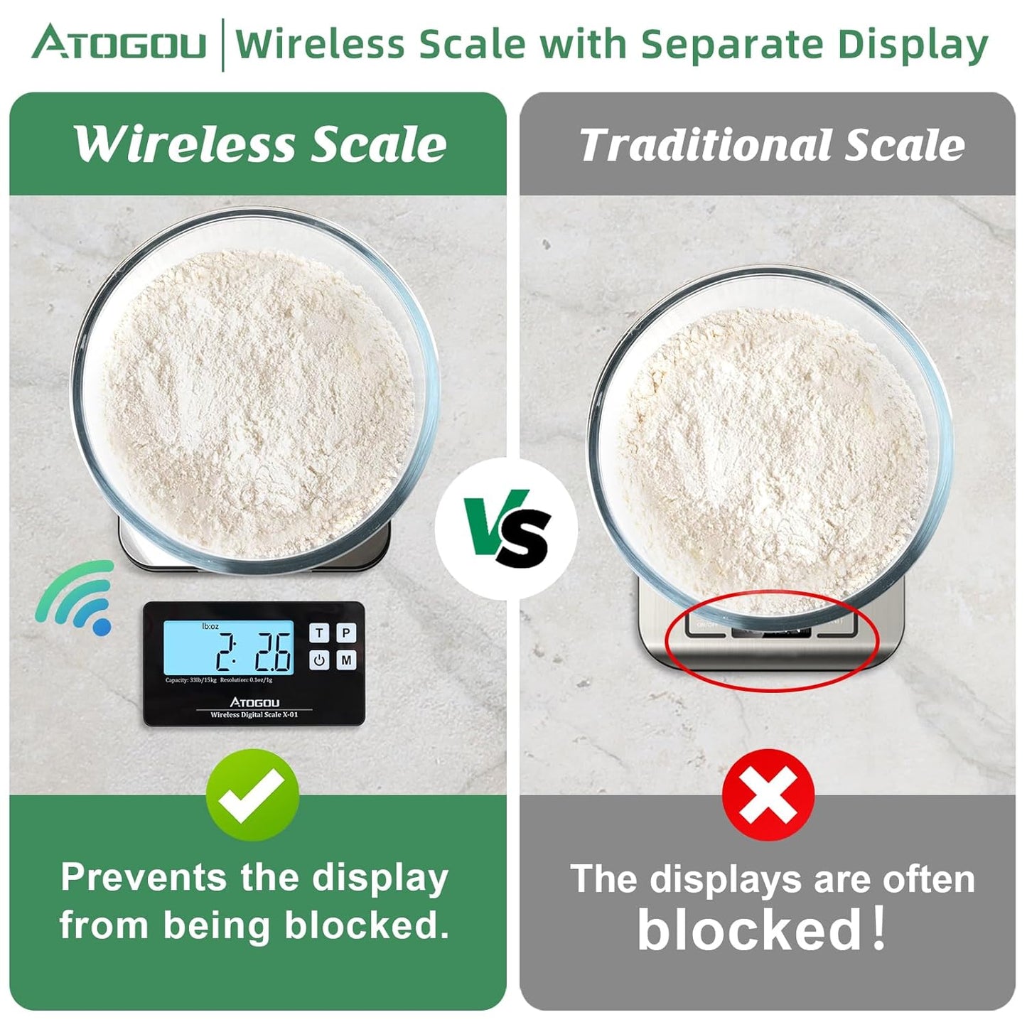 Atogou Food Scale, 33lb Wireless Kitchen Scale with Remote Display, 1g/0.1oz Precise Graduation, Food-Grade 304 Stainless Steel, Digital Food Scale for Cooking, Baking, Postage, Shipping, Black&Silver