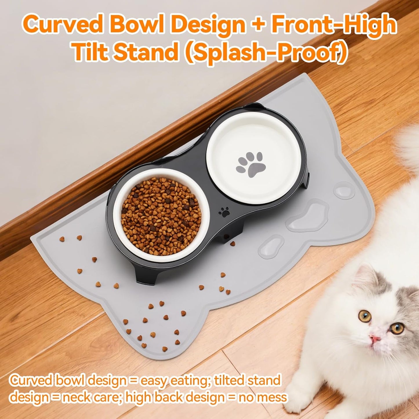 Ceramic Elevated Cat Bowls Kitty Bowls - 15° Tilt Anti-Vomiting, Silicone Mat Included, Whisker Friendly for Indoor Cats & Small Dogs (2-Pack) (Black)