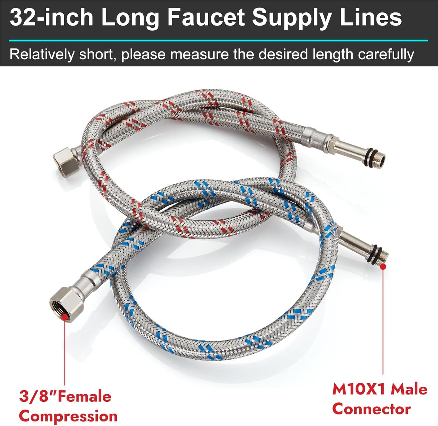 Midanya 32-Inch Long Faucet Water Supply Lines, Braided Stainless Steel Supply Hose 3/8-Inch Female Compression Thread x M10 Male Connector, x 2 Pcs (1 Pair)