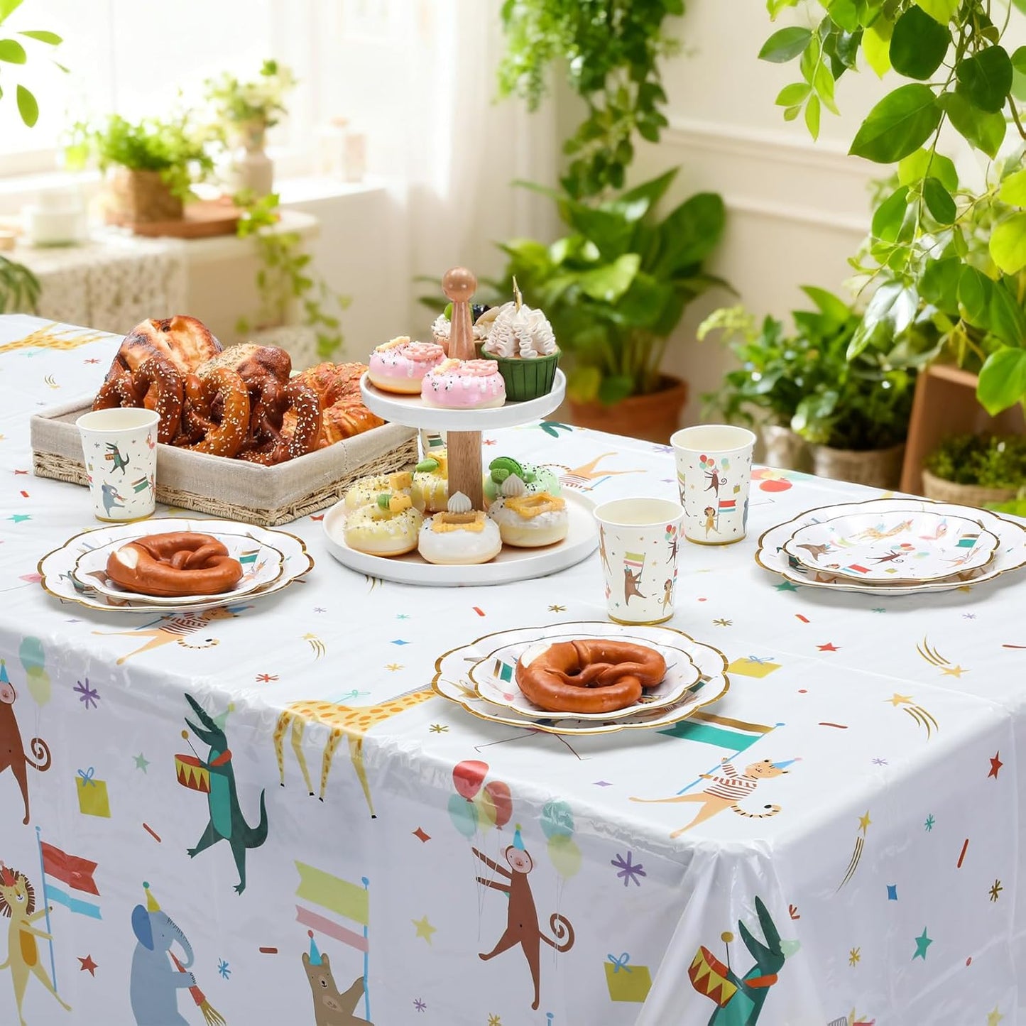 Maxdot 3 Pieces Animal Parade Party Tablecloths 108 × 54 Inch Safari Theme Table Cover, Plastic Disposable Table Cloth Zoo Party Supplies for Jungle Baby Shower, Animal Themed Birthday Decorations