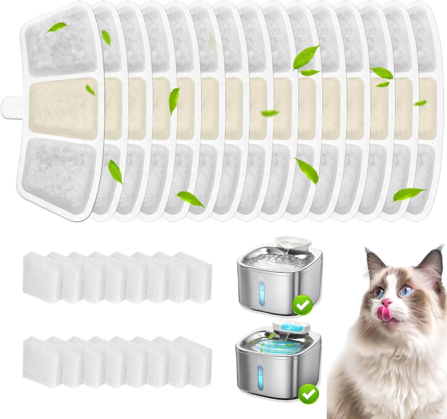 16+16 Pack Replacement Filters for Oneisall PW04 3.5L Wireless Cat Water Fountain, Includes 16 Filters & 16 Sponges
