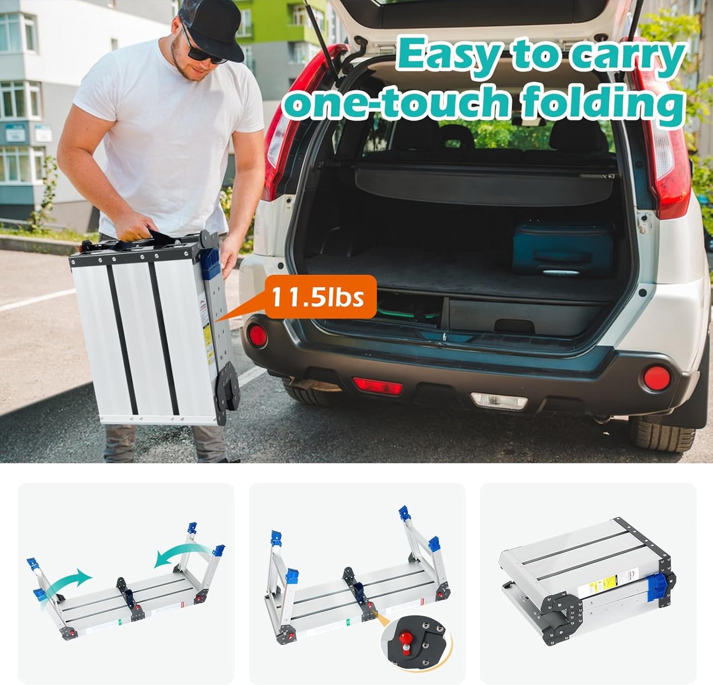 LEADALLWAY Work Platform Height Adjustment 33"(L) x12(W) x20(H) Step Stool Aluminum Platform Ladder with One-Touch Automatic Fold 330 Lbs Capacity