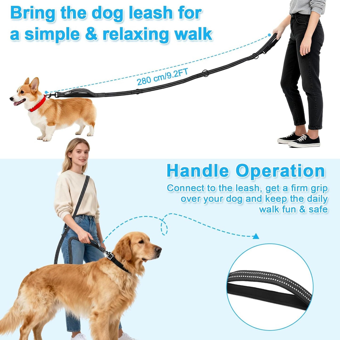 ETACCU Hands Free Dog Leash, Multifunctional Crossbody Dog Leash with Adjustable Length 6-9FT, Tangle Free Reflective Waist Leashs for Medium and Large Dogs