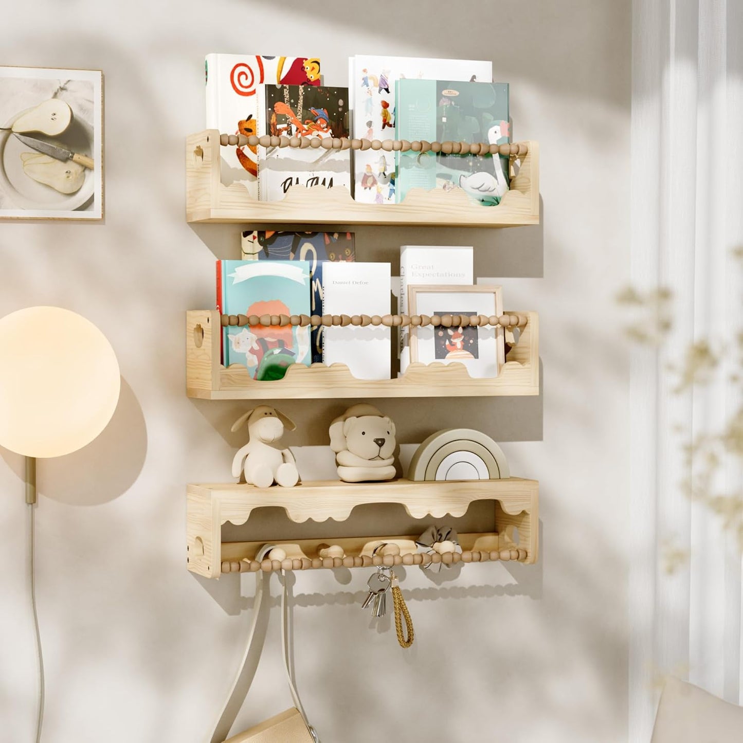 Nursery Shelves for Wall,3 Pack Pine Wood Nursery Floating Book Shelves,Scalloped Floating Shelves for Living Room and Bedroom Wall Decor
