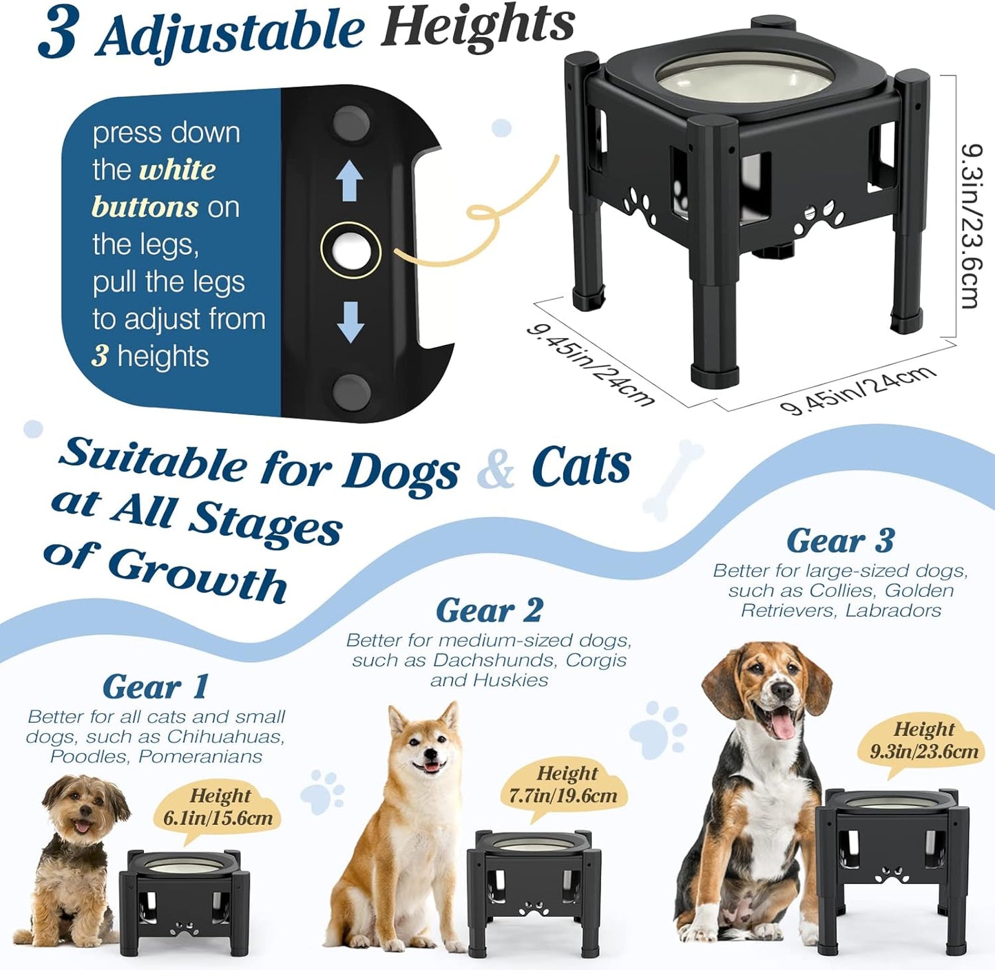 Lewondr Elevated Dog Water Bowl No Spill, 80OZ/2.5L Large Capacity Raised Water Bowl for Dogs with Slow Feeder Dog Bowl, 3 Heights Adjustable Elevated Dog Slow Water Bowl for Small Medium Large Dogs