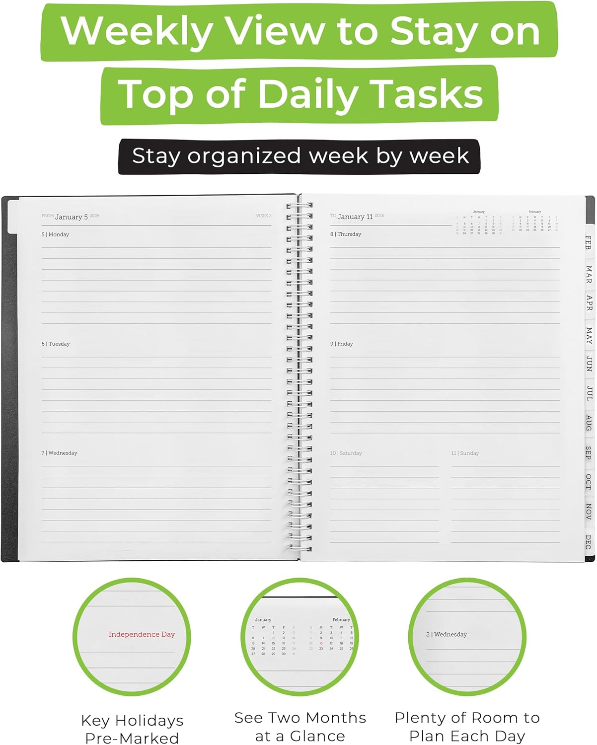 WallDeca 2026 Planner, Agenda Planner With Weekly And Monthly View, Daily Agenda Book And Yearly Planners Calendar Book, Spiral Bound With Tabs, Notes, Goals And Holidays (8.5 x 11 in)