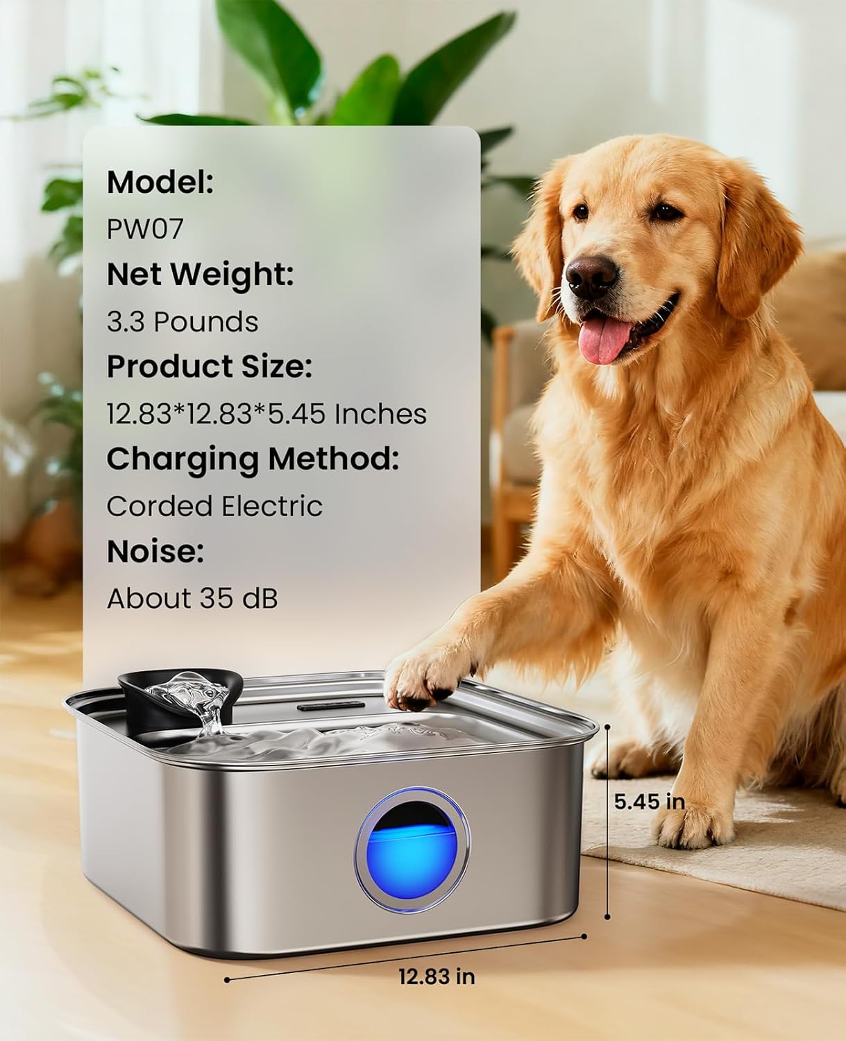 oneisall Dog Water Fountain for Large Dogs, 10L/2.6Gal Dog Fountain Water Bowl with Multi-Filtration & Deeper Drinking Aera, Large pet Water Fountain with Water Window & LED, Ultra-Quiet