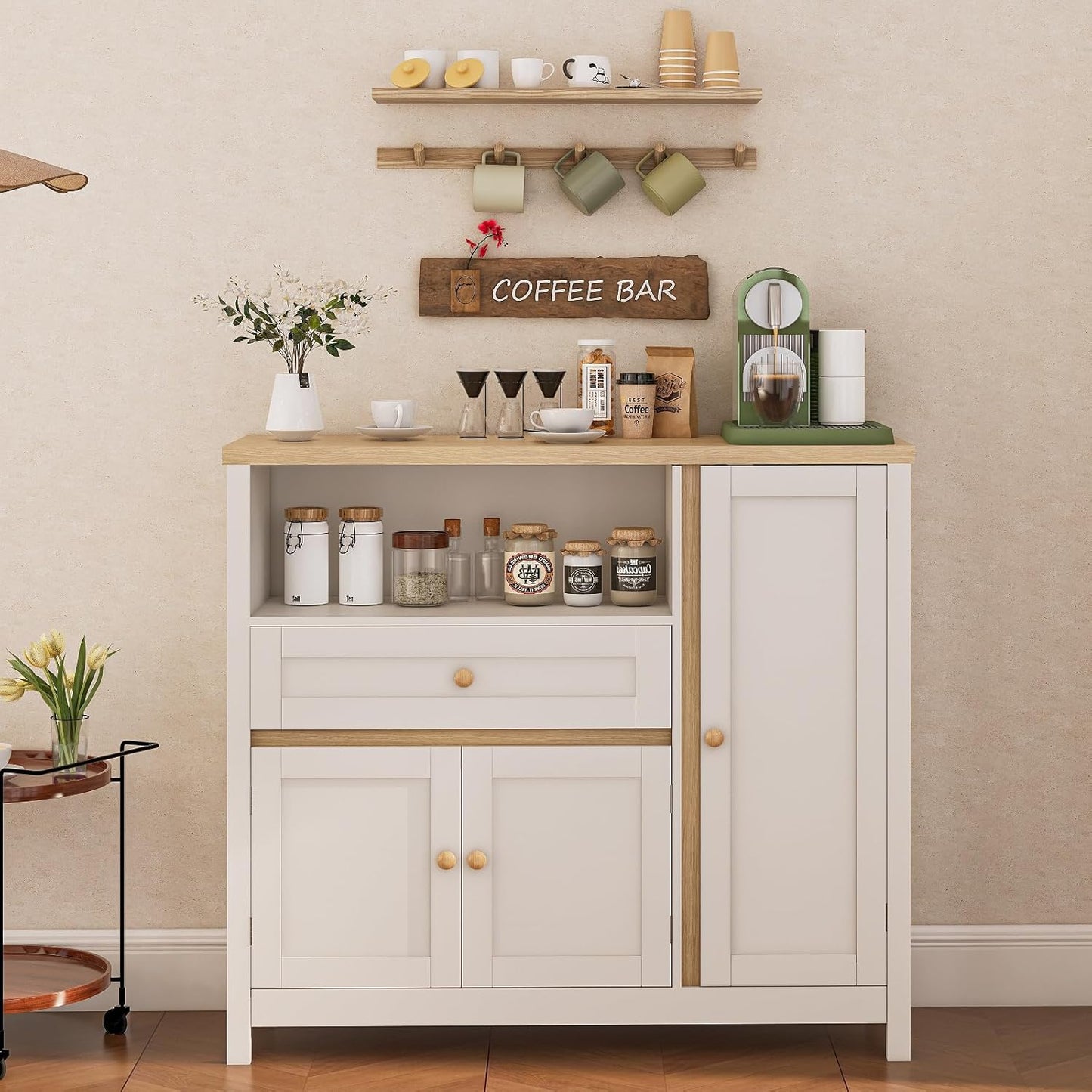 Storage Cabinet with Doors and Drawers,Kitchen Storage Cabinets，with Drawer and Adjustable Shelf（White）