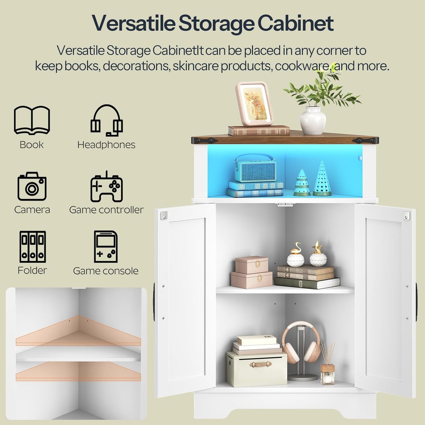 HOOBRO Farmhouse Corner Cabinet, Small Corner Storage Cabinet with Lights, Wooden Corner Cabinet with Doors and Adjustable Shelves, for Bathroom, Living Room, Kitchen, White and Walnut WH119DCJ01