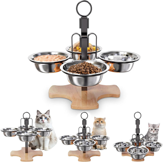Adjustable Elevated Cat Bowls with Stand, 3 Height Raised Food & Water Bowl Set for Indoor Cats, 4 Stainless Steel Tilted Pet Dishes for Small Dogs, Non-Slip Feeding Station with Anti-Spill Design