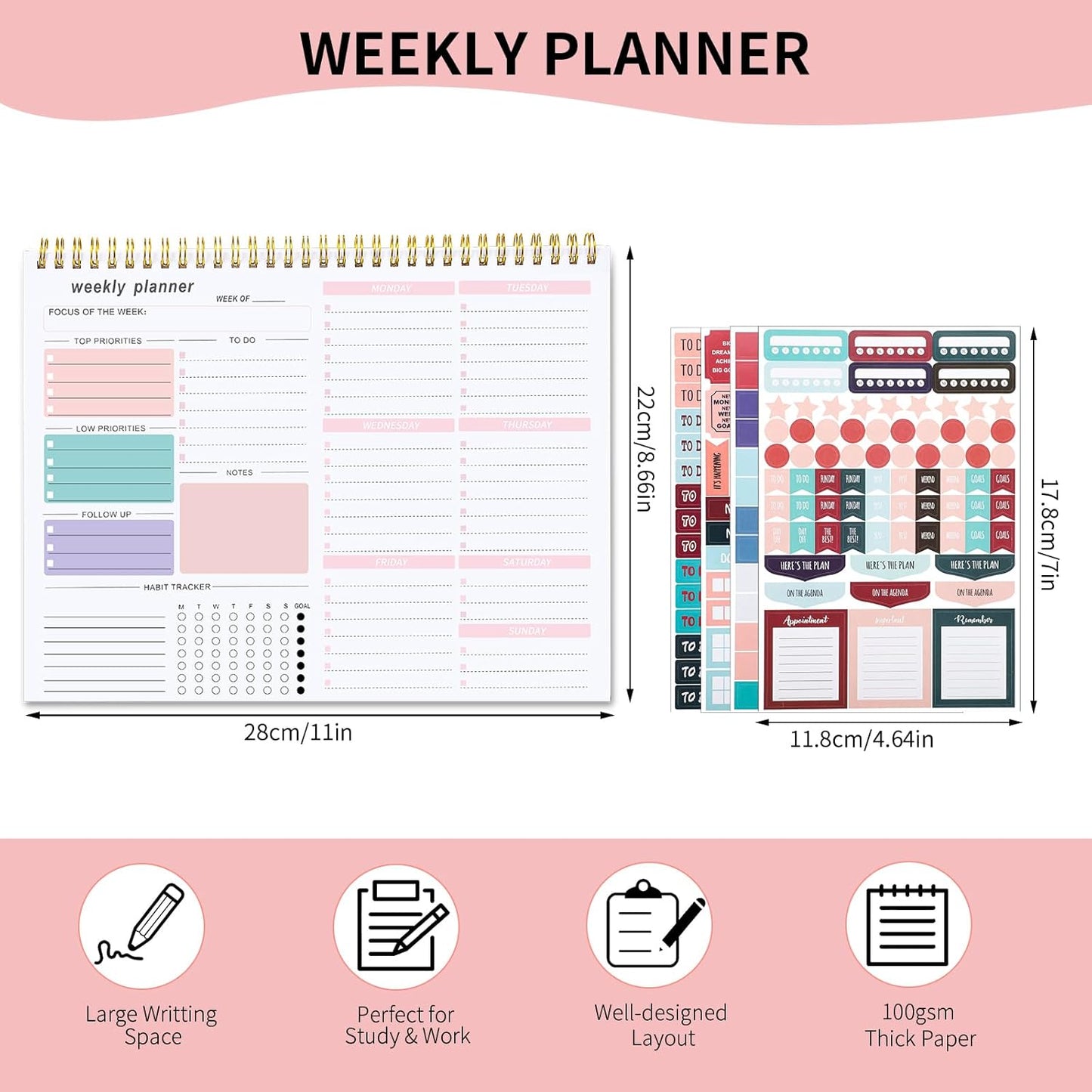 Weekly To Do List Notepad, 8.5''x11'' Weekly Desk Planners with 52 Tear Off Sheets Undated Planner Habit Tracker & Productivity Organizer for Home and Work, Pink