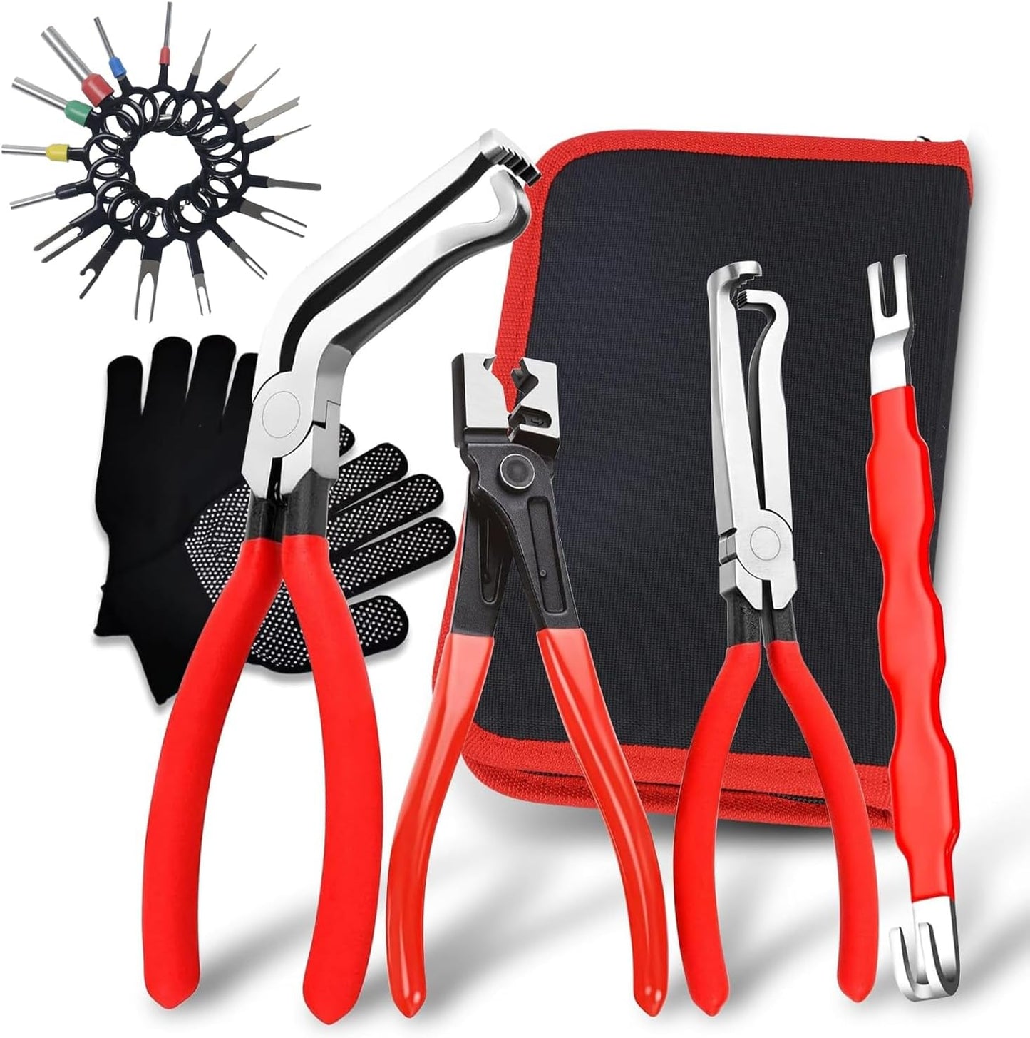 4 Piece Automotive Electrical Disconnect Pliers Kit, High-Carbon Steel Connector Separator Tool with Straight & 60° Tips, Hose Clamp Plier & 18pcs Pin for Cars SUVs Fuel Line Repair (Storage Box)