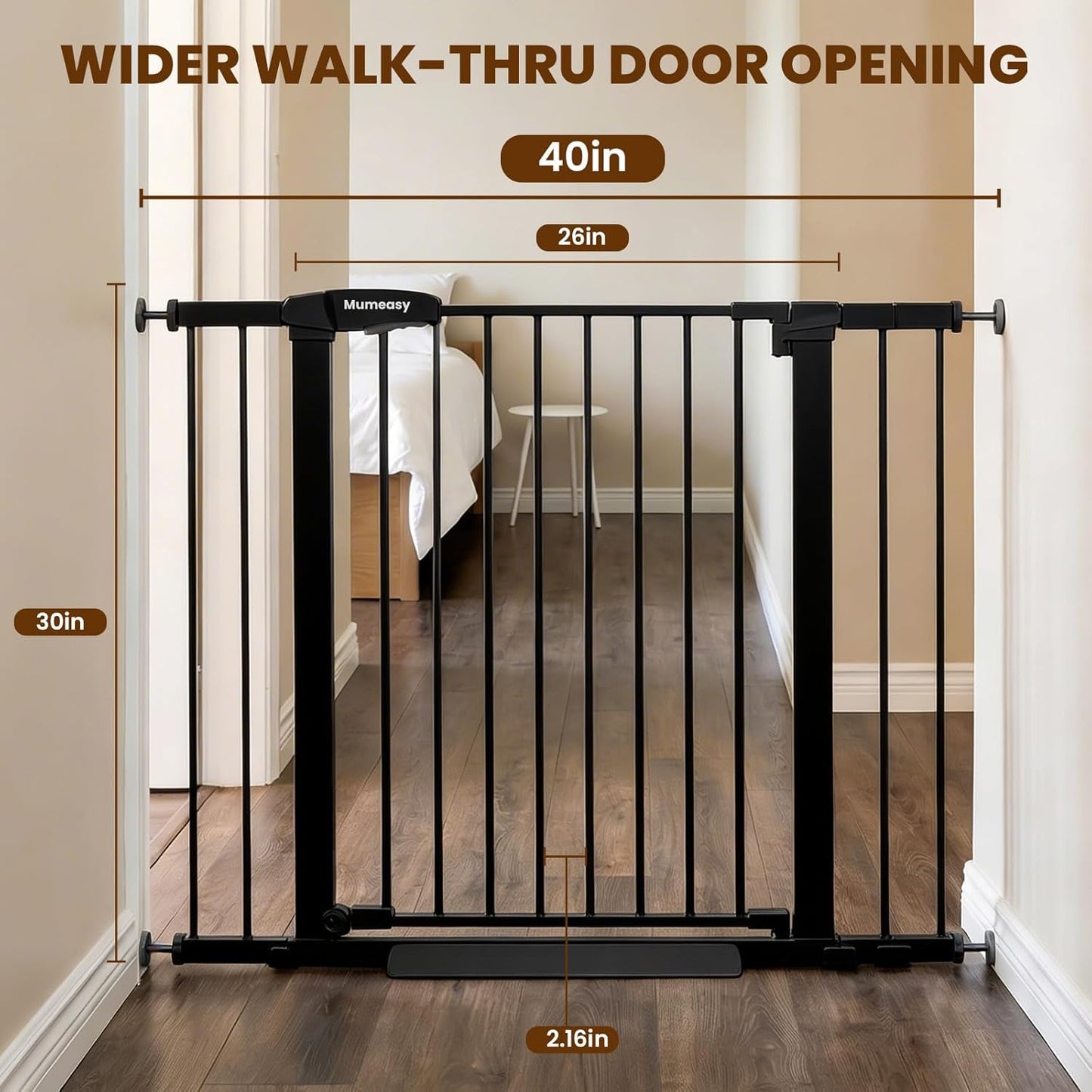 Baby Gate with Door, 26-40" Auto Close Dog Gate Indoor for Stairs Doorways, Easy Install Pressure Mounted Pet Gate, Easy Walk Through Child Safety Gate for The House, Black
