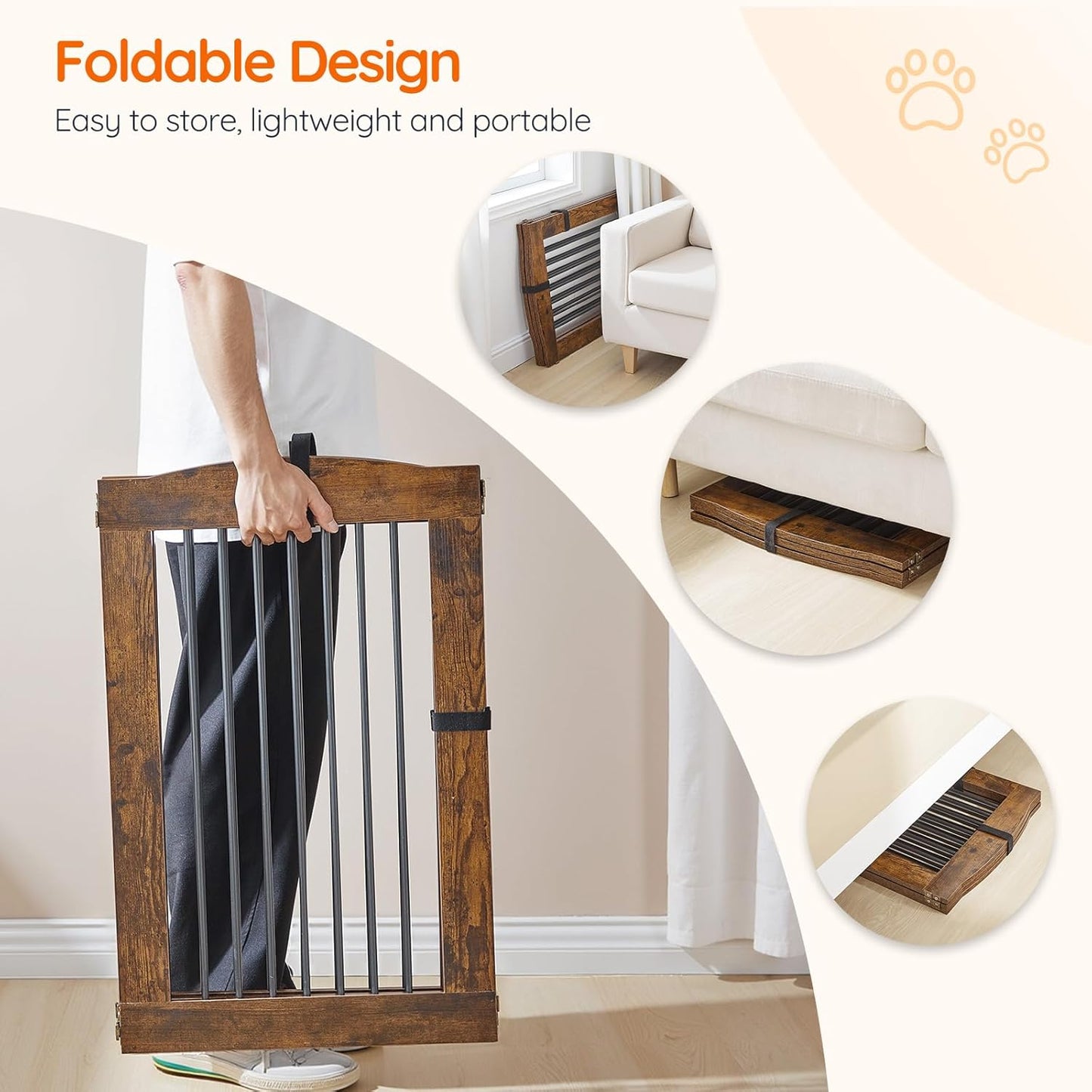 HOOBRO Indoor Dog Gate with Support Feet, Freestanding Pet Gate for Doorway, Stairs, 31.5 Inch 3 Panels, Folding Dog Fence, 360° Hinge for Easy Access, Sturdy Iron Pipe, Rustic Brown BF06PP03