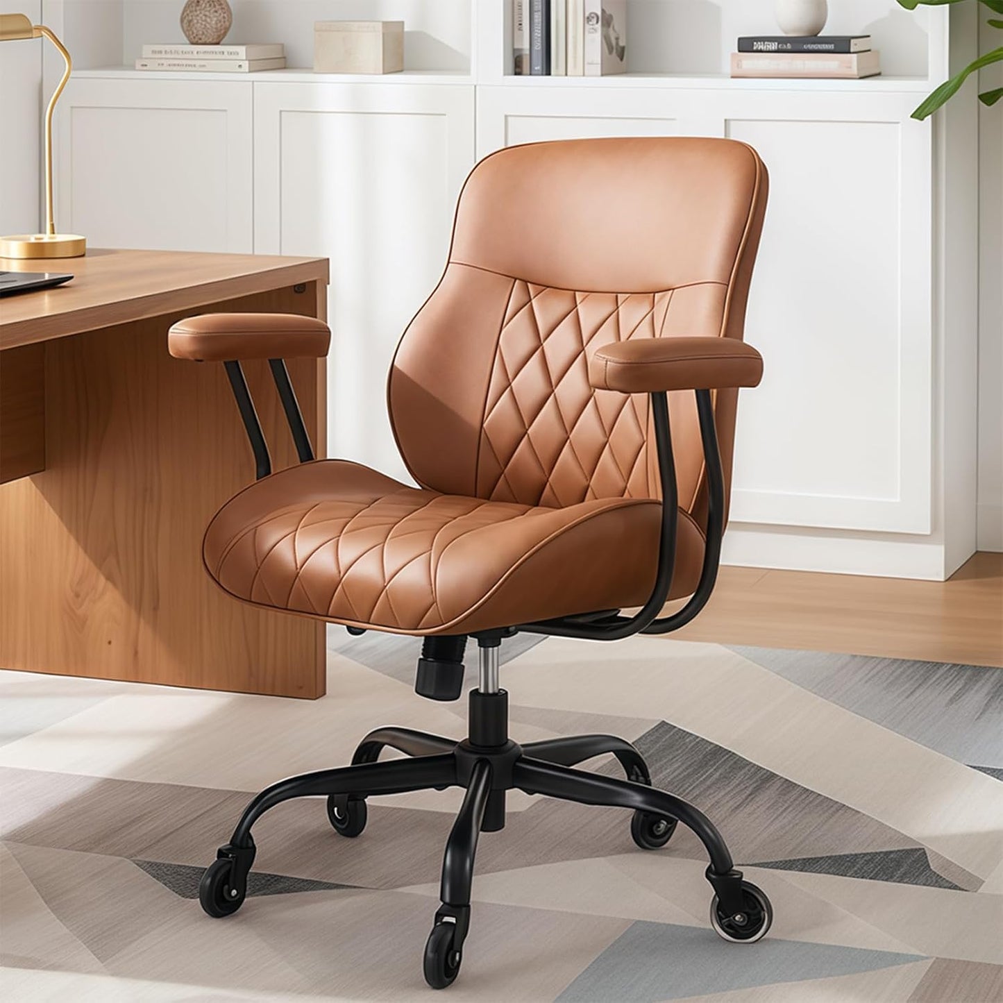 BEWISHOME Brown Leather Office Chair– Features Rubber Wheels and Lumbar Support Ergonomic Mid Century Modern Desk Chair with Adjustable Height, 360° Swivel for Home & Office