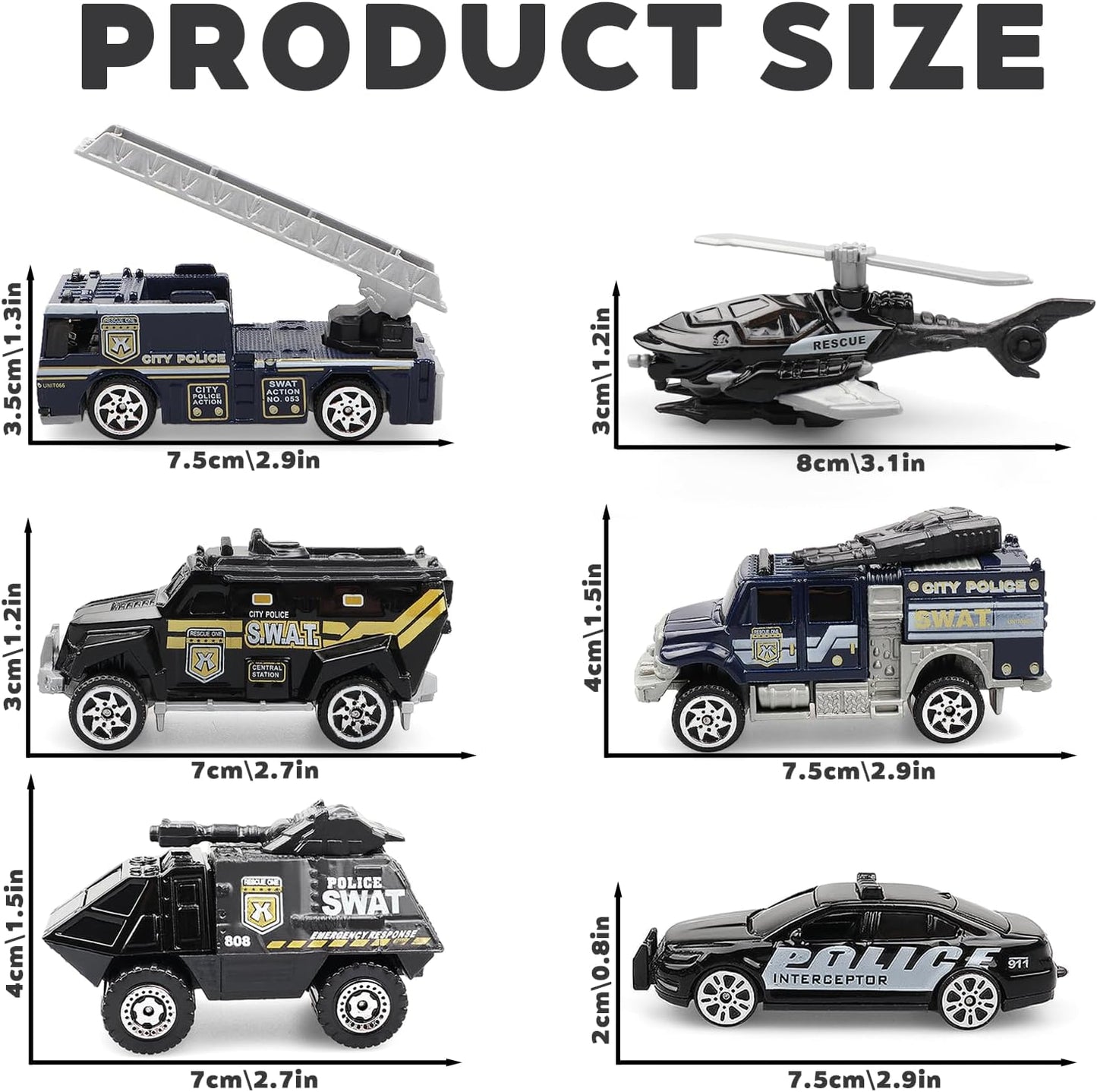 6 Pack Diecast Police Car Toy Set – Mini Alloy Police Vehicles for Boys Ages 3-7, Includes Armored Car, Rescue Truck, Bulletproof SUV, Military Helicopter – Birthday Gift for Kids