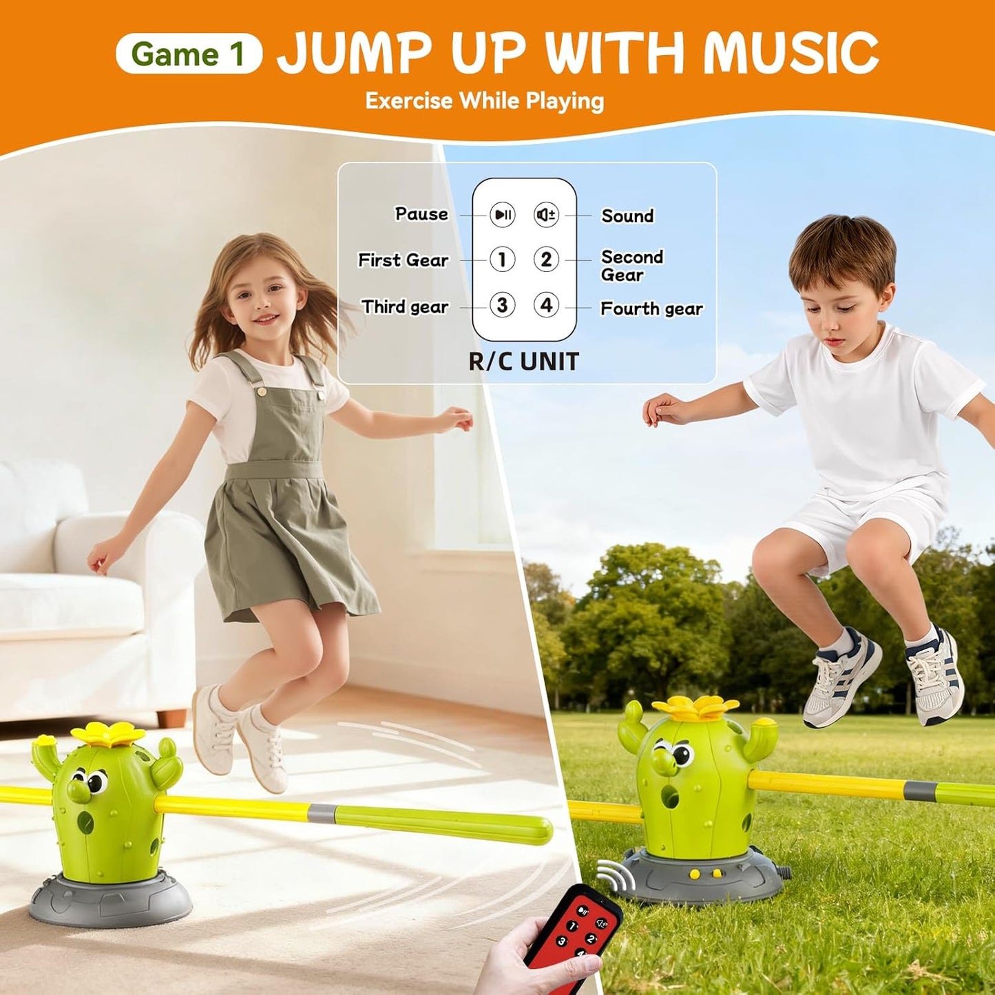 Cactus 4-in-1 Musical Jumping Toys Set with Ring Toss, Stomping Rocket Launcher and Baseball Game, Fun Indoor and Outdoor Toys for Active Play Sports Toy for Kids Ages 3 4 5 6 7 8+ Boys & Girls.