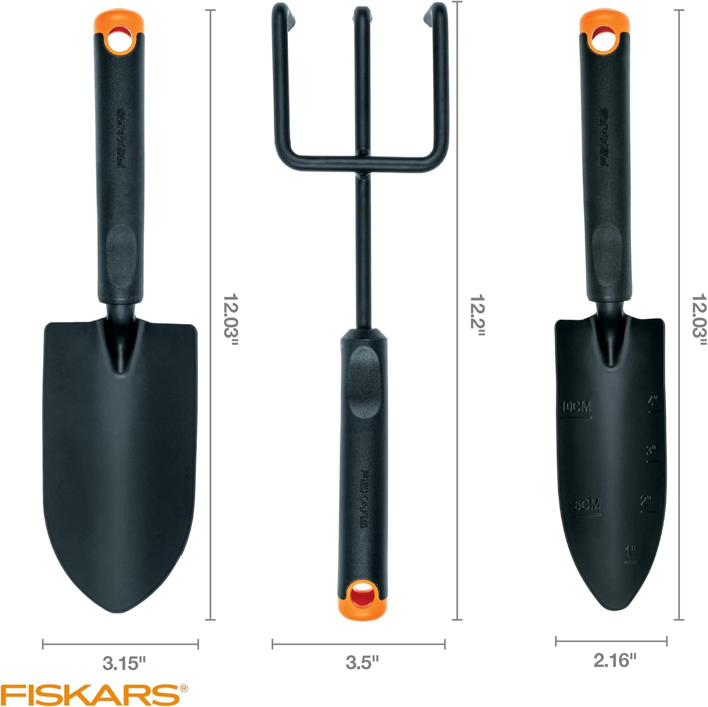 Fiskars 3-Piece Garden Tool Set - Trowel, Transplanter, Cultivator, Rust-Resistant Steel Heads, Ergonomic Handles for Planting, Digging, and Aerating Soil
