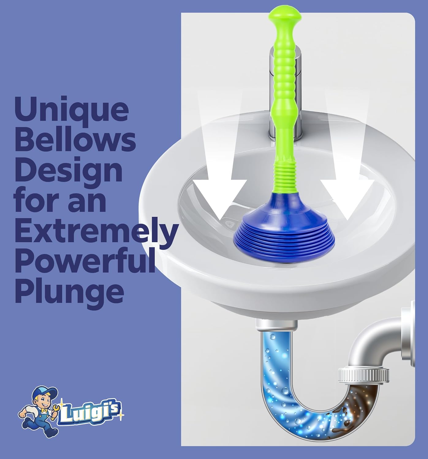 Luigi's Sink Plunger Kitchen - Sink Plunger Bathroom - Drain Bathtub or Shower - Small and Powerful Clog Remover - Commercial Style "Plumbers Plungers" with Large Bellows - Blue - Small