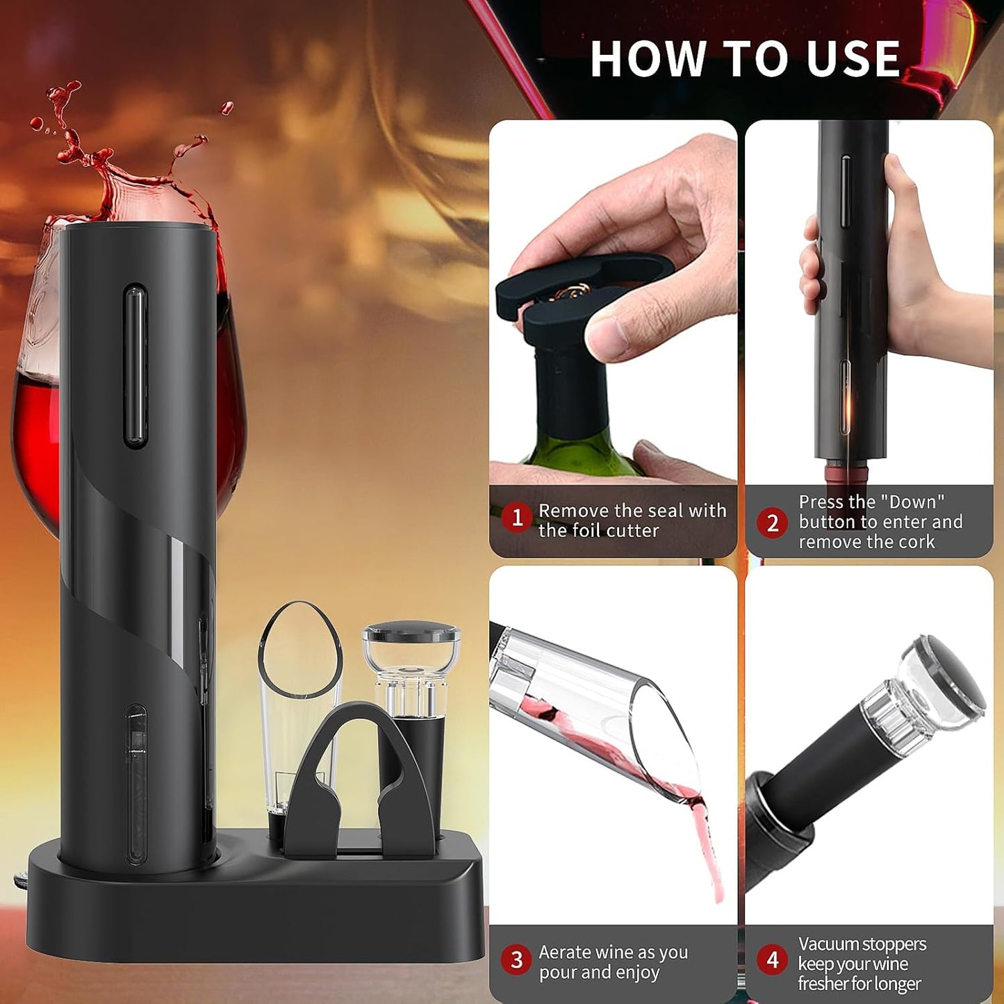 Electric Wine Opener Set, A 4-in-1 Multifunctional Wine Accessory Kit, including an Automatic Corkscrew Opener, Rechargeable Wine Bottle Openers, Foil Cutter, Wine Aerator Pourer, and Vacuum Stoppers
